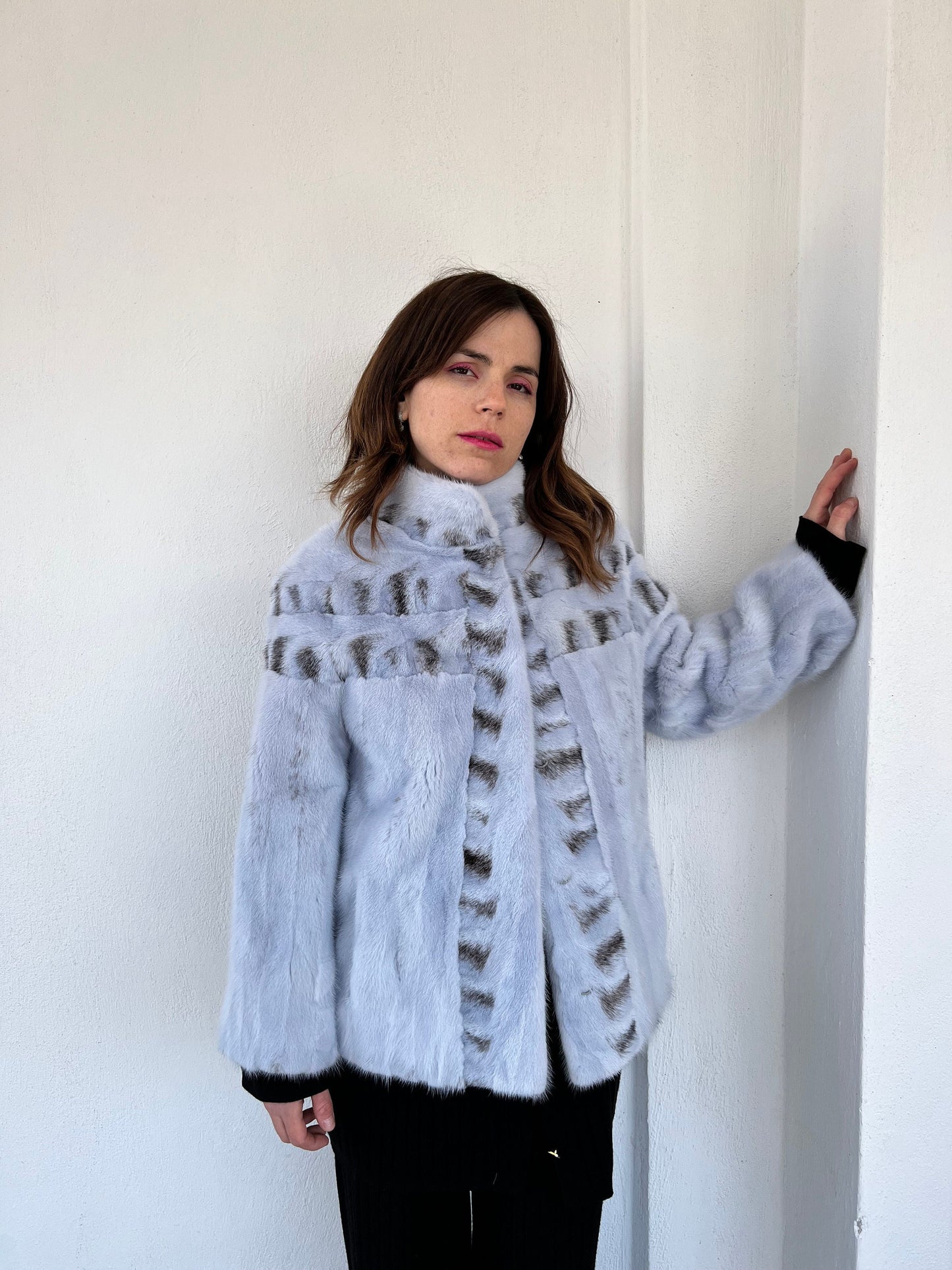 Baby Blue Mink Fur Jacket: High Collar artisanal fur - Handmade in Greece.