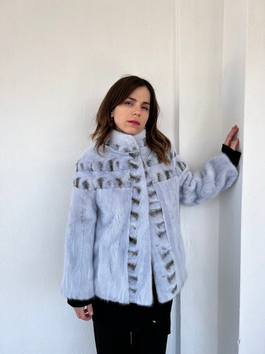 Baby Blue Mink Fur Jacket: High Collar artisanal fur - Handmade in Greece.