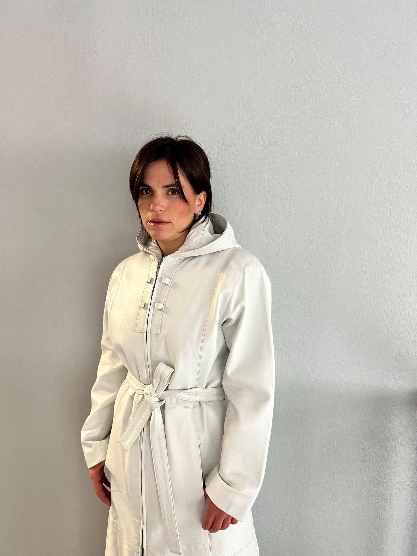 Handmade Nappa buttery Lambskin Leather Coat: Hooded Belted White Jacket