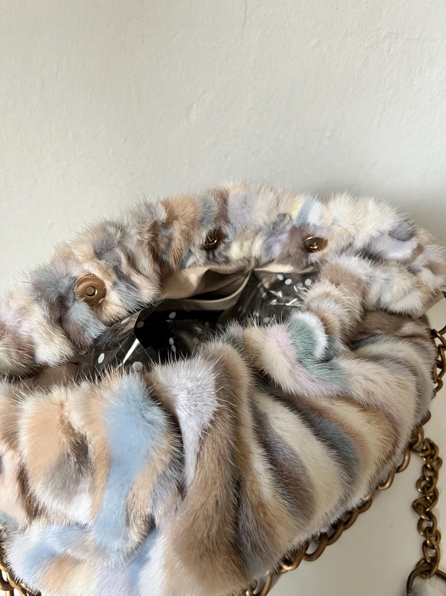 Multicolor Mink Fur Pouch Bag: Slouchy Shoulder Bag with Bronze Straps