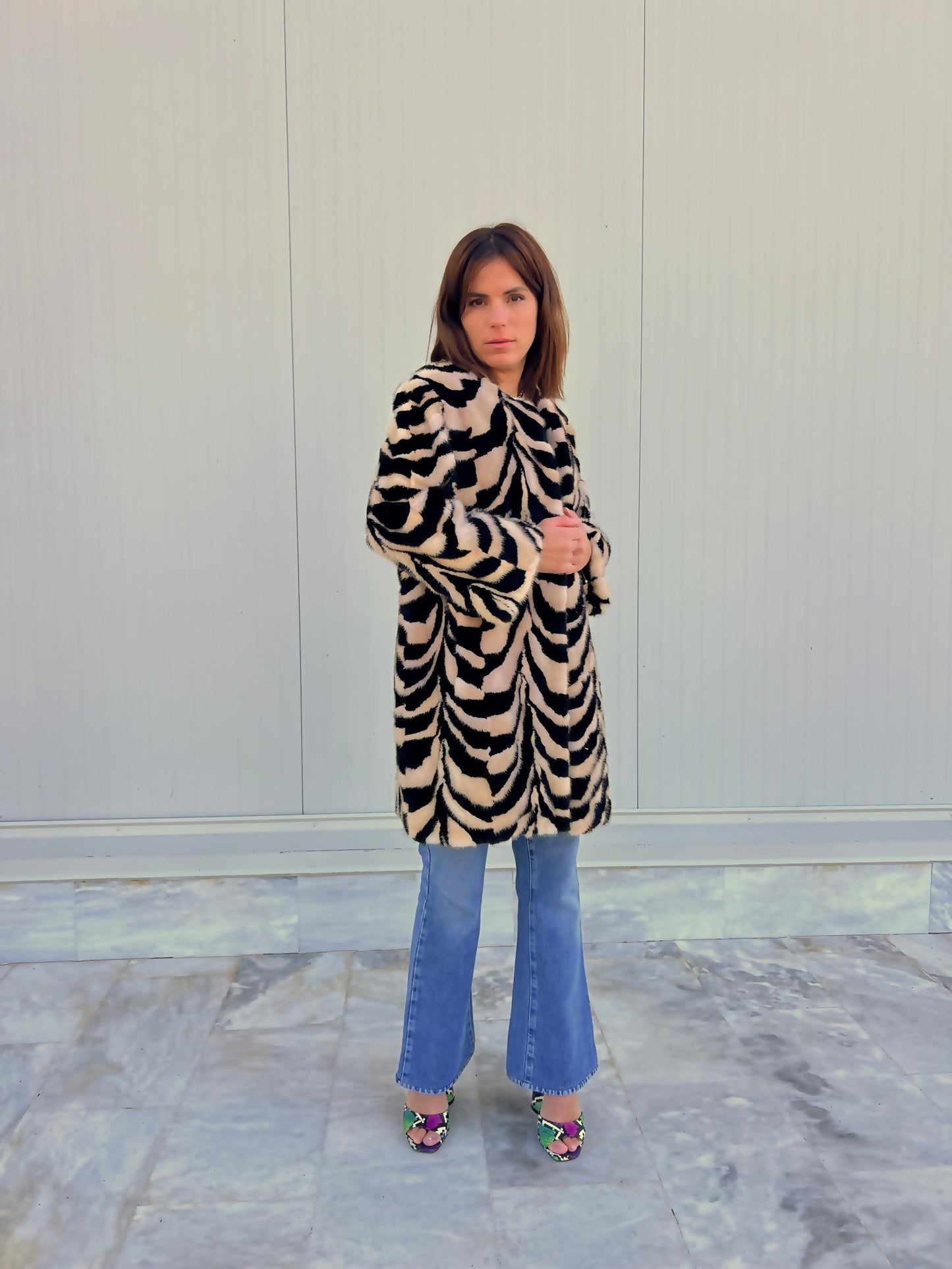 Beige & Black Intarsia Mink Fur Jacket: Handmade Genuine Fur Blazer