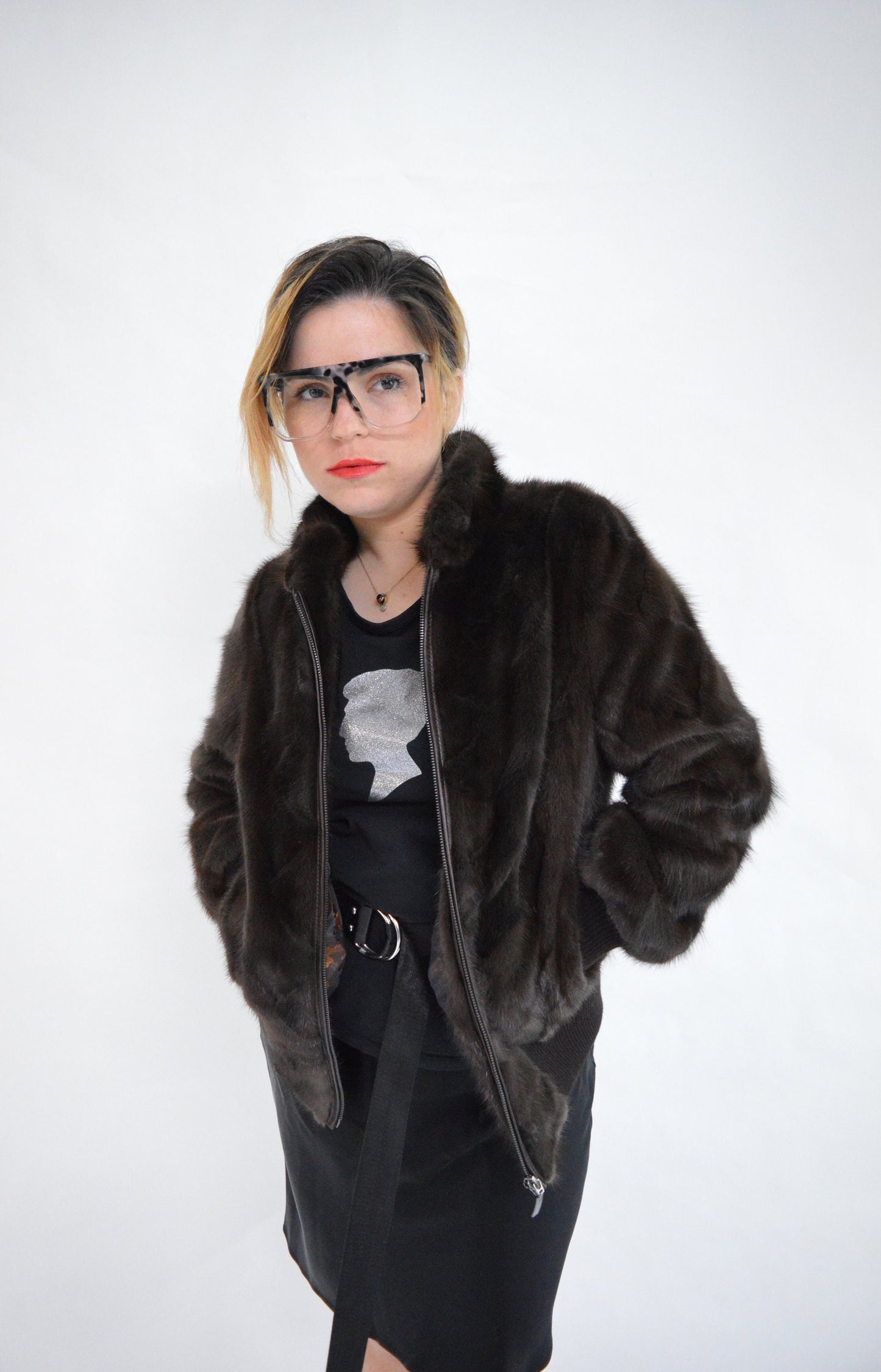 Brown Mink Fur Bomber Jacket: Knitted Trim, Luxury Women's Coat