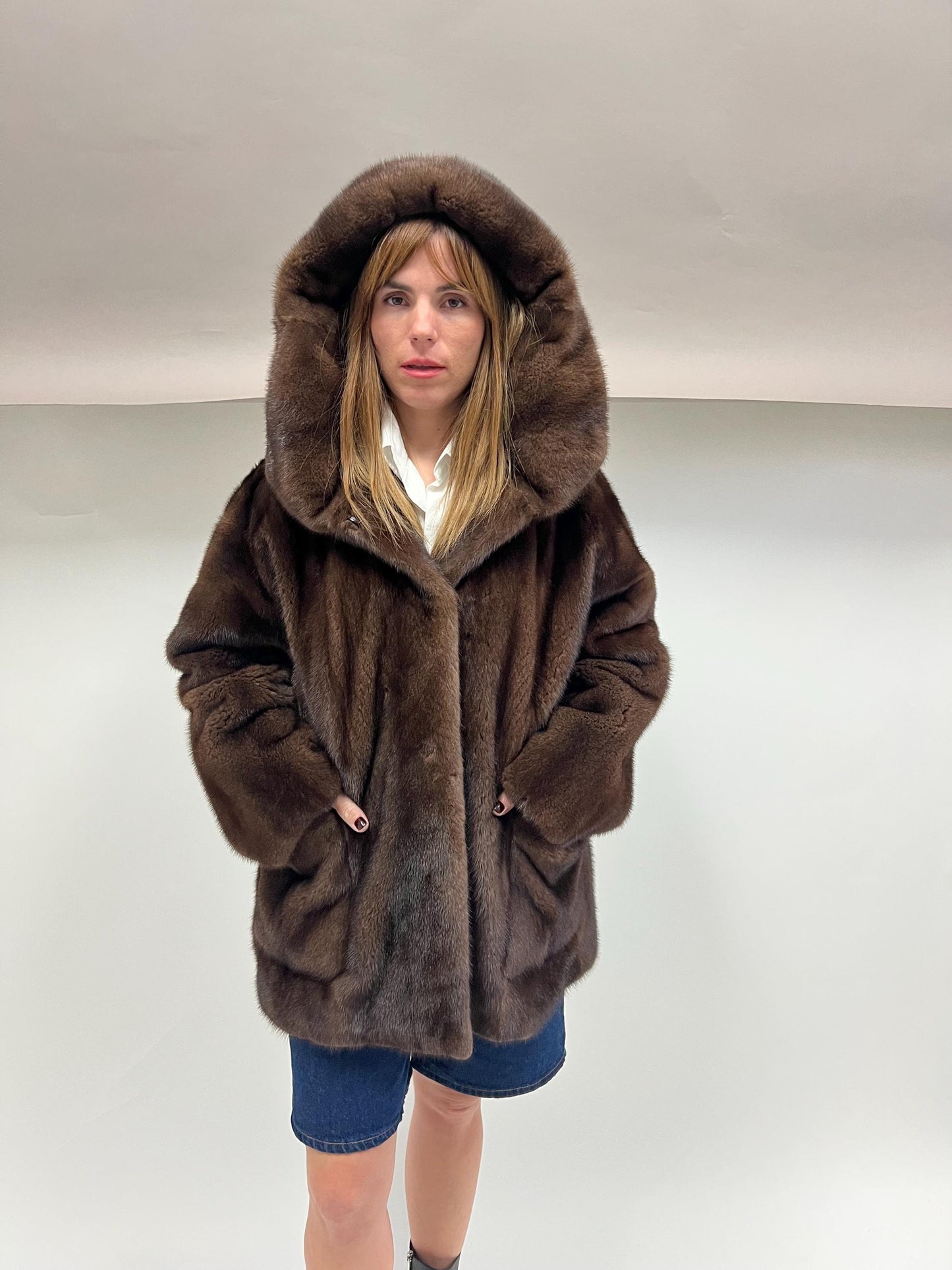 Real Brown Mink Hooded Jacket - Saga Demi Buff Fur