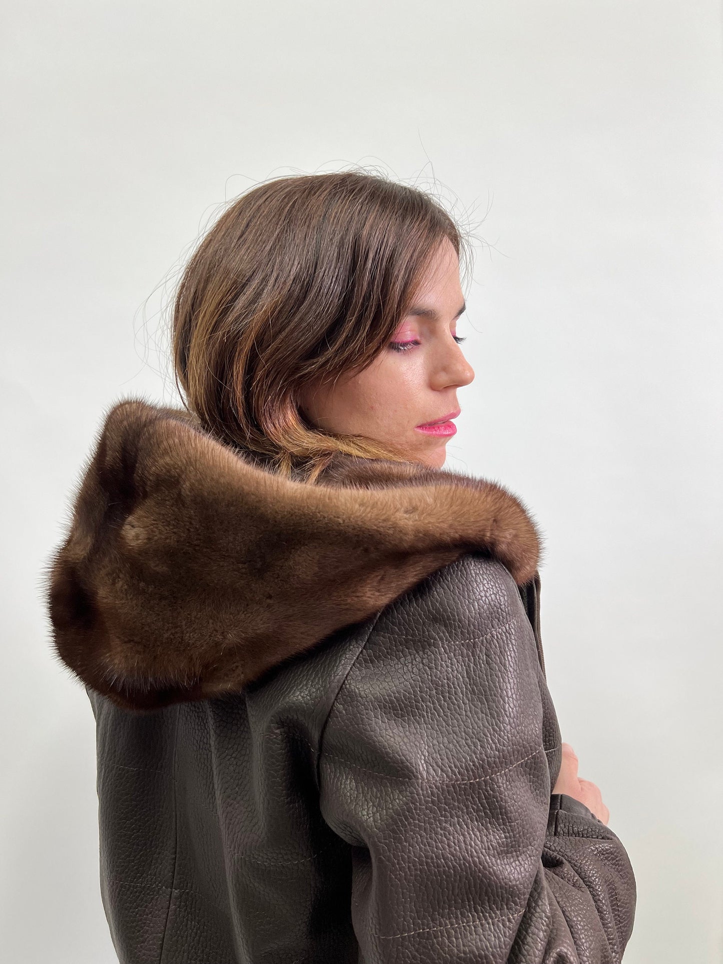 Reversible Brown Mink Fur Bomber Jacket: Leather Hooded Coat