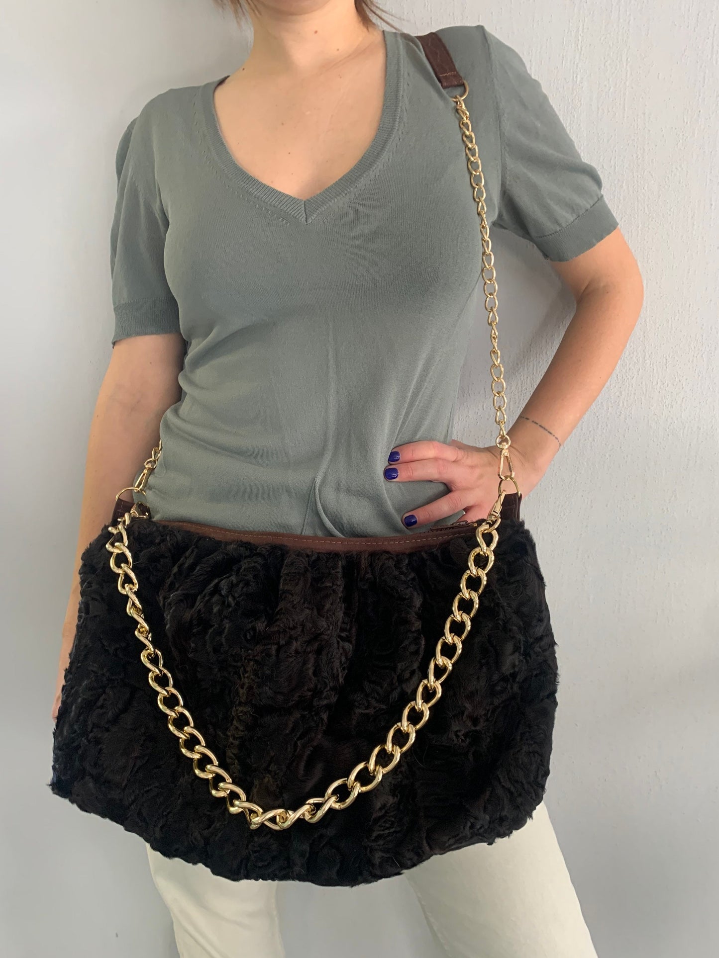 Lamb Fur Slouchy Shoulder Bag: Brown Cloud Pouch with Bronze Straps