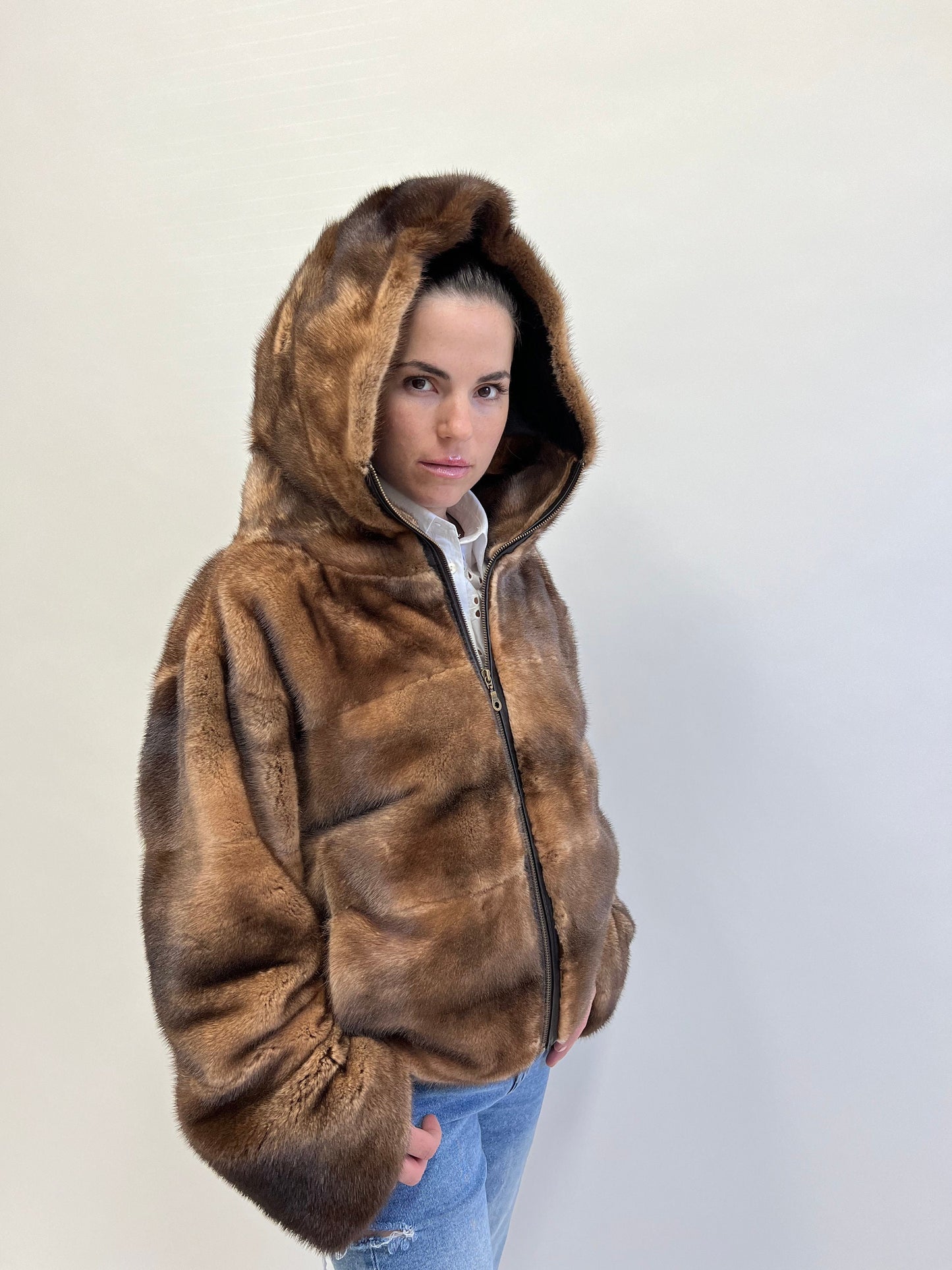 Saga Furs Mink Jacket: Tan Brown Degrade Fur, Hooded