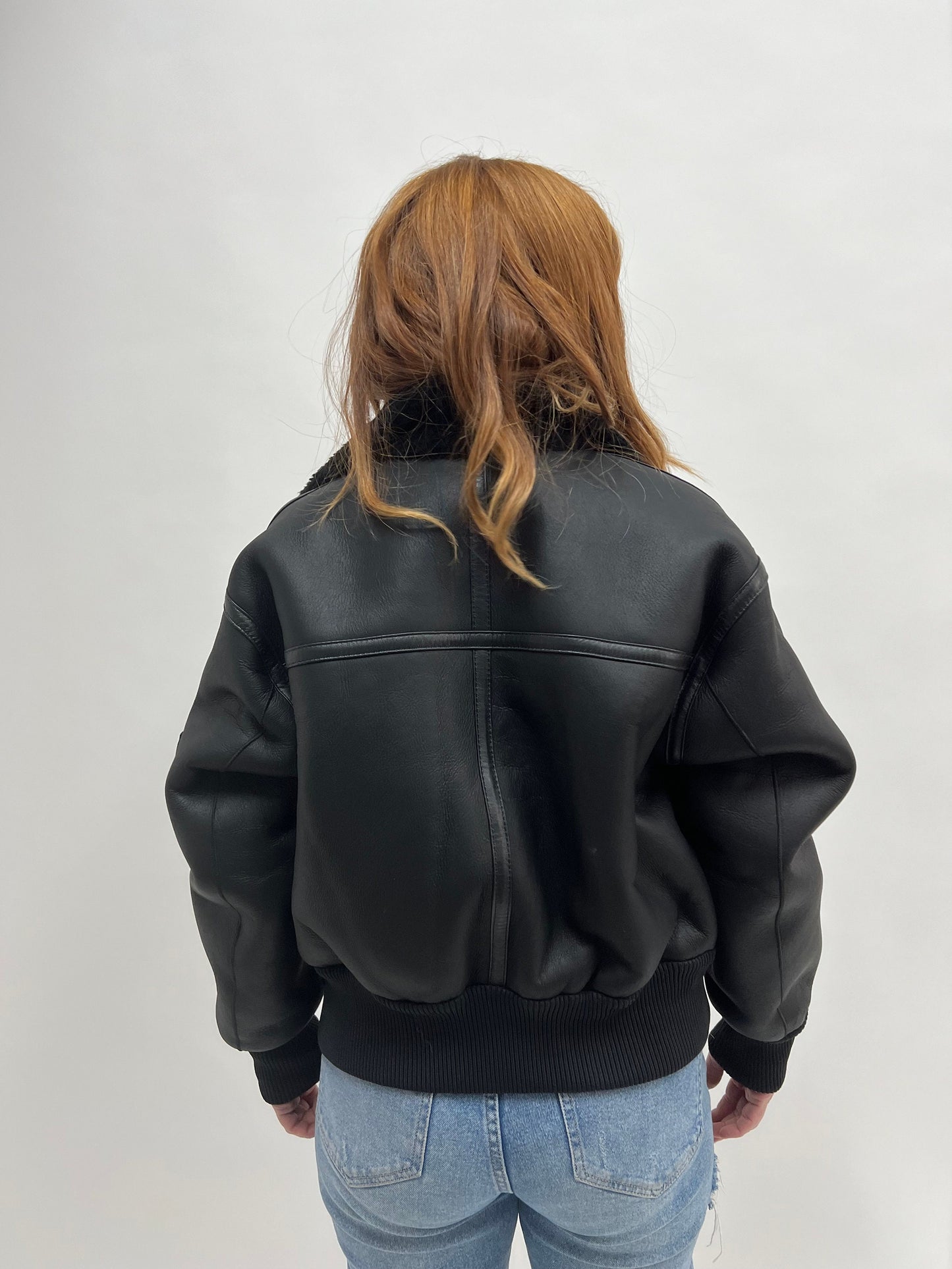 Black Shearling Fur Bomber Jacket: Nappa Leather Trim, Handmade in Greece