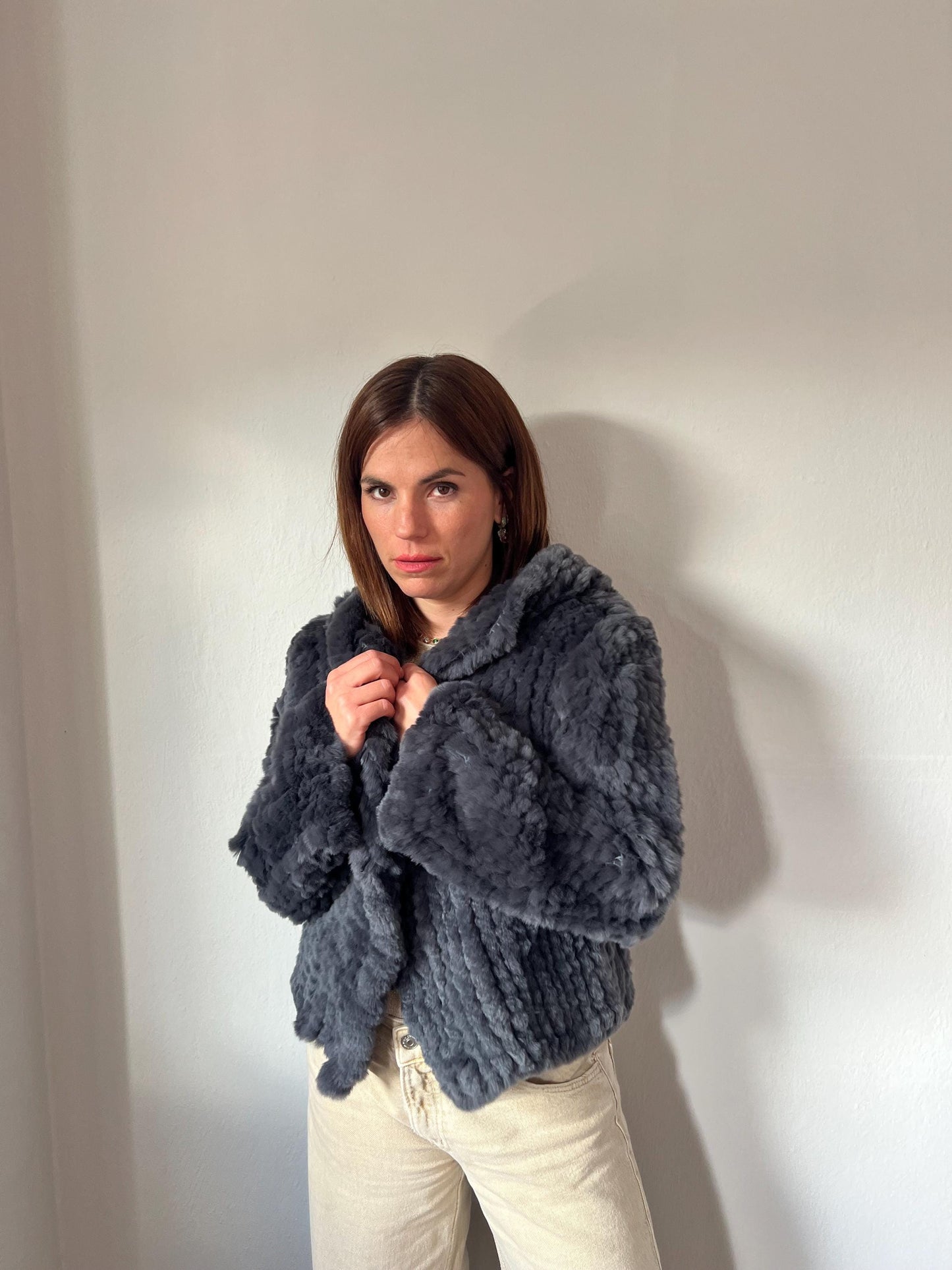 Handwoven Rabbit Fur Hooded Jacket - Dark Grey Lightweight Coat