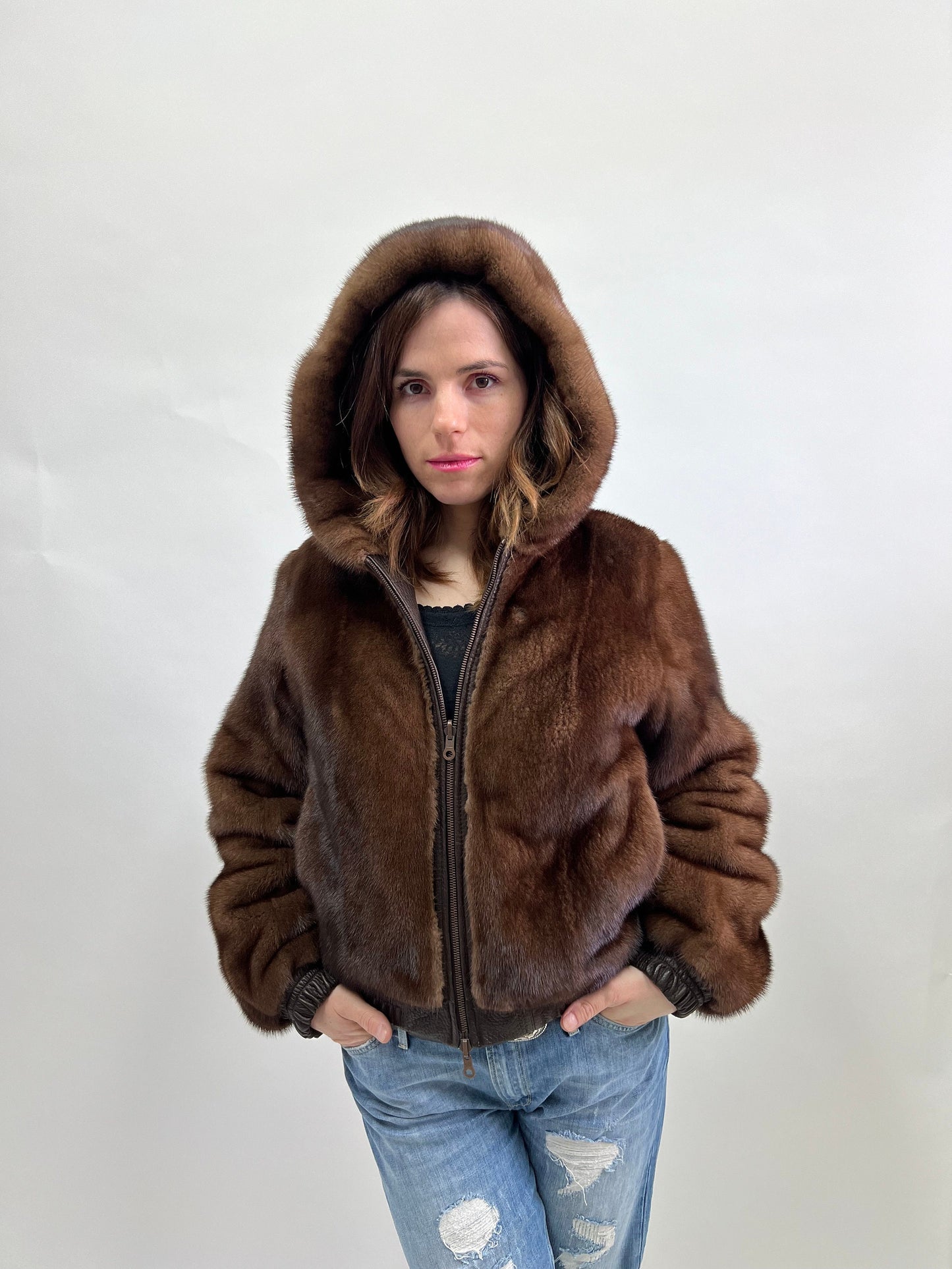 Reversible Brown Leather Mink Fur Hooded Bomber Jacket
