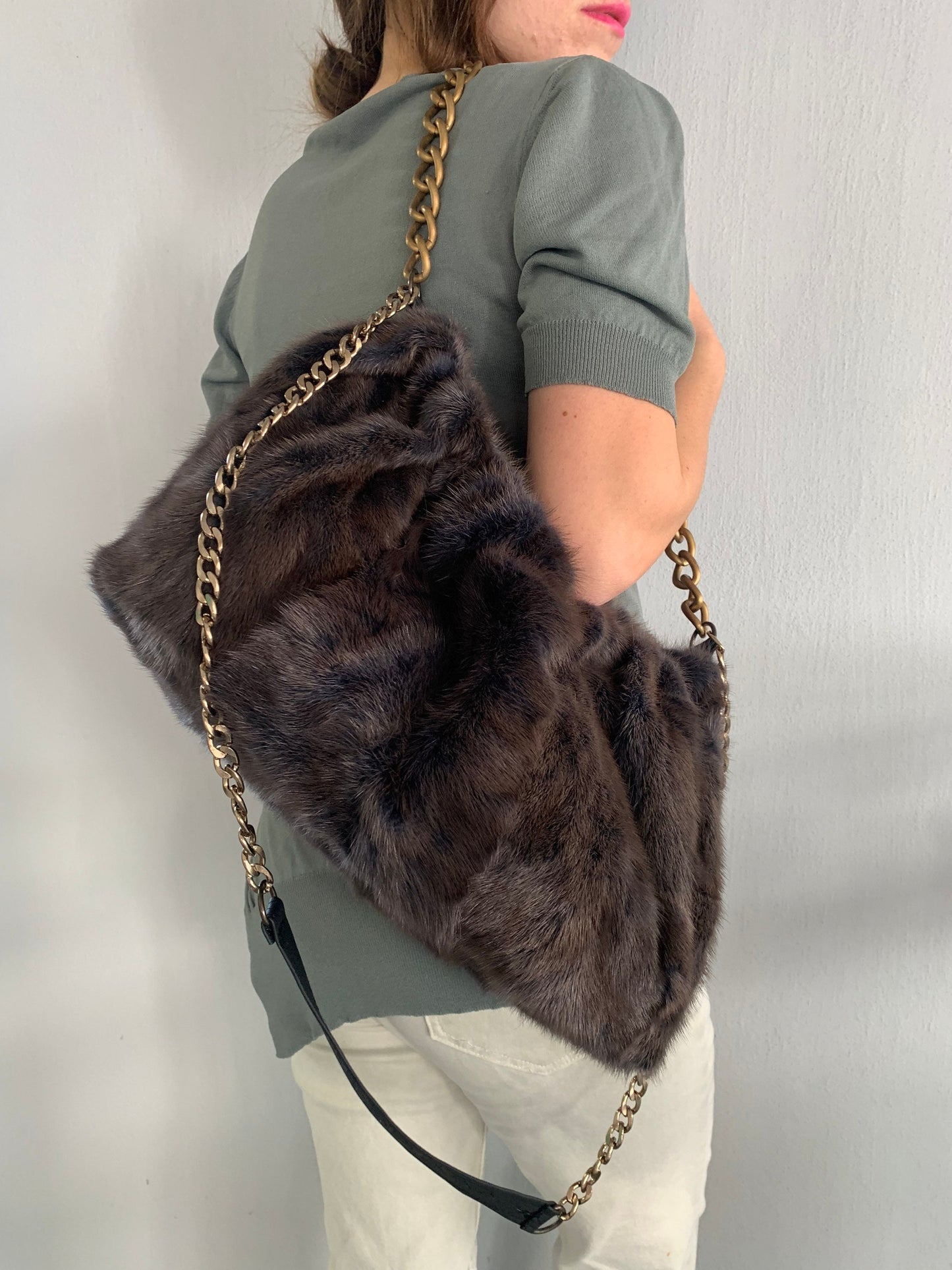 Handmade Mink Fur Shoulder Bag: Brownish Grey Slouchy Pouch with Bronze Straps