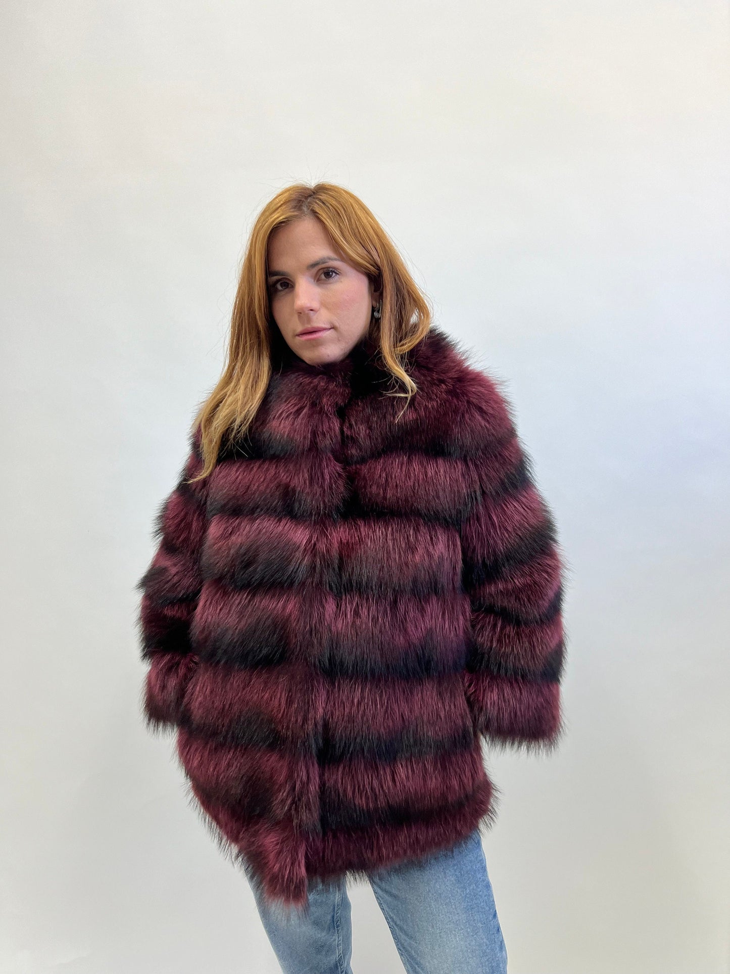 Burgundy Raccoon Fur Jacket: Leather Trim, Warm Winter Coat