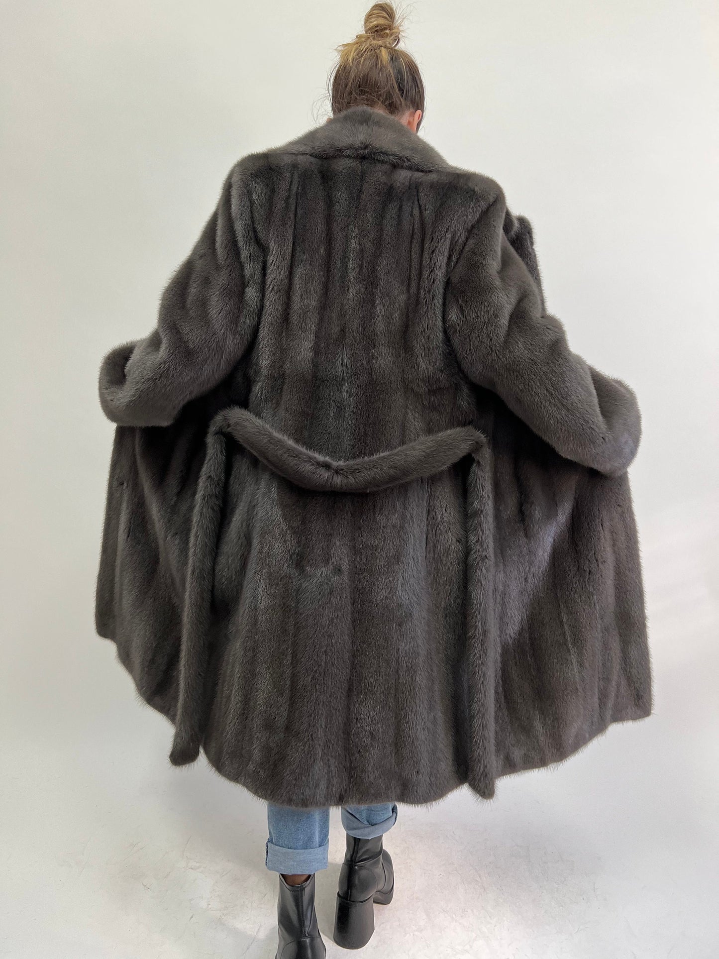 Real Graphite Mink Fur Long Coat: Belted Copenhagen Fur, Handmade
