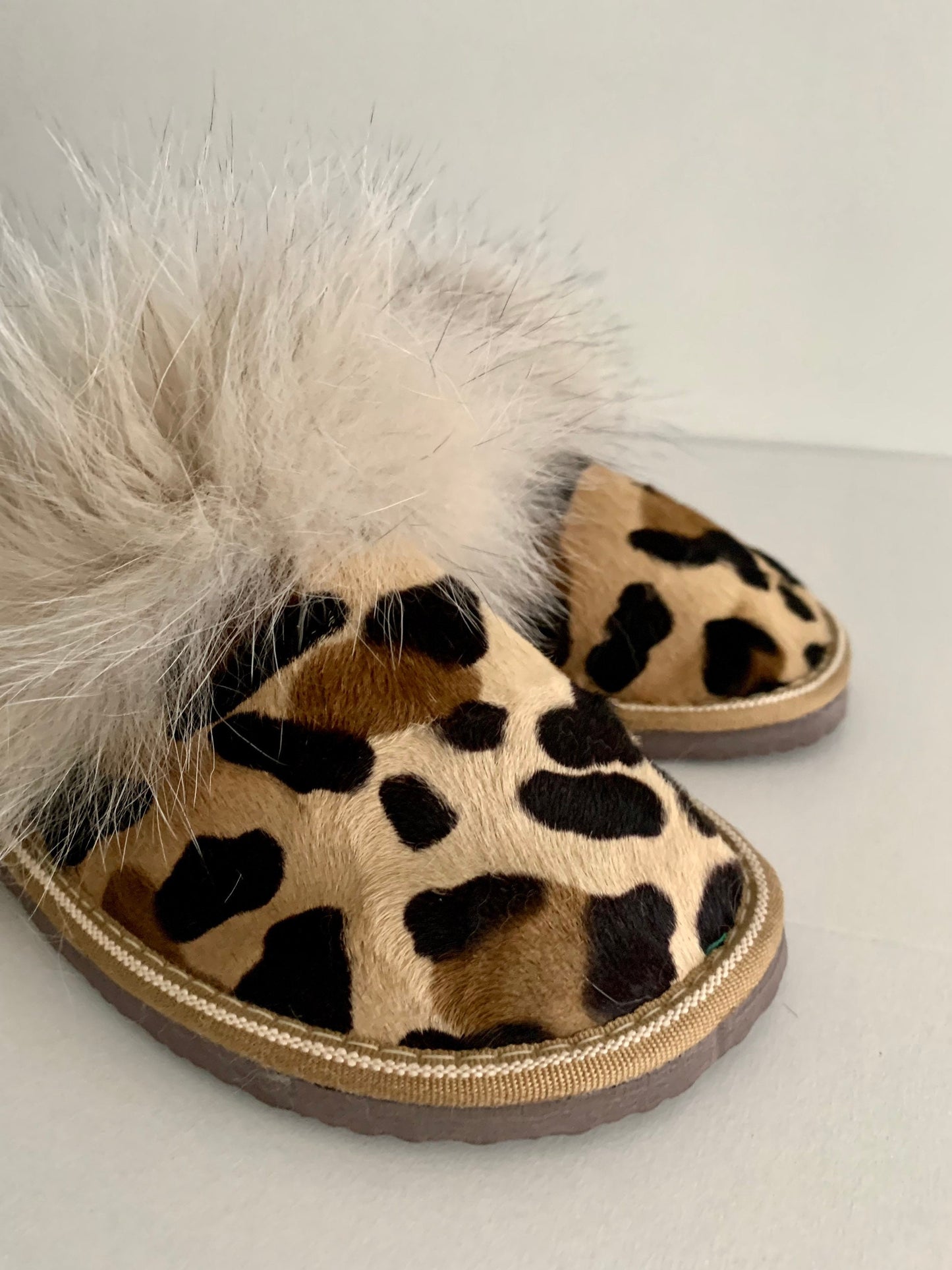 Genuine shearling slippers for women cowhide fur print with fox fur trim,  with foam sole fur slippers. Lightweight mouton fur.