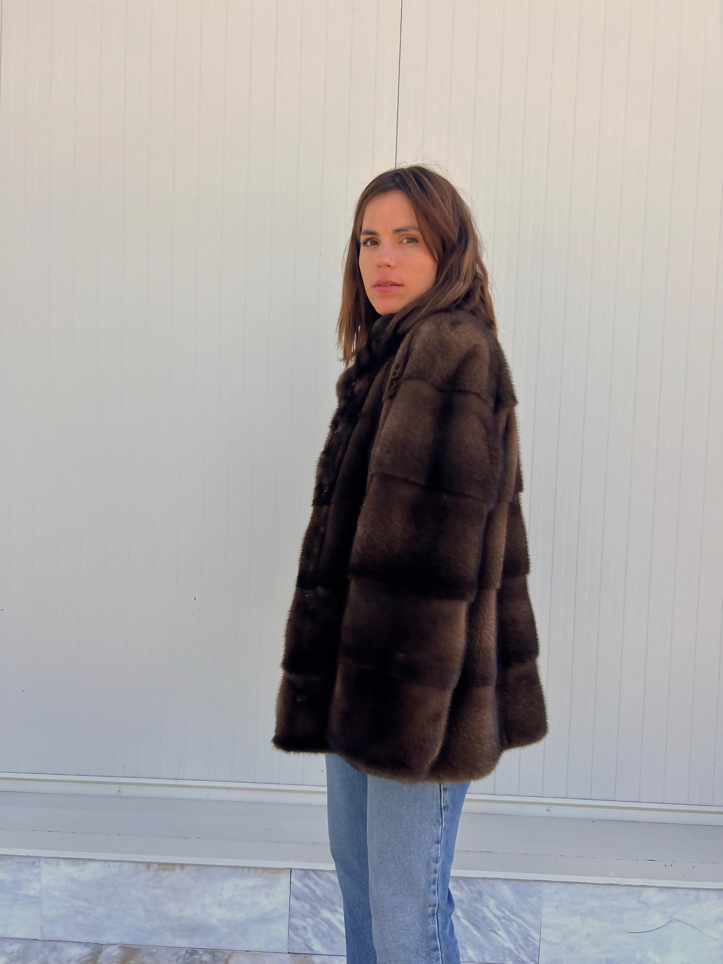 Real Mink Fur Velvet Collared Jacket - Demi Buff Brown, Small/Medium/Large