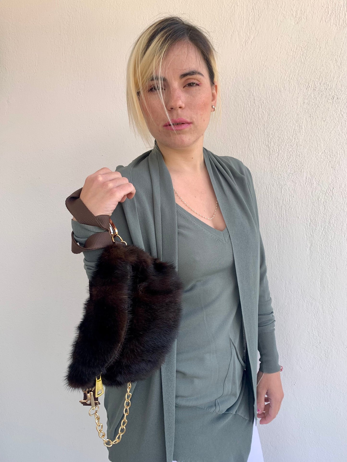 Real Mink Fur Bumbag: Brown Fanny Pack with Chain