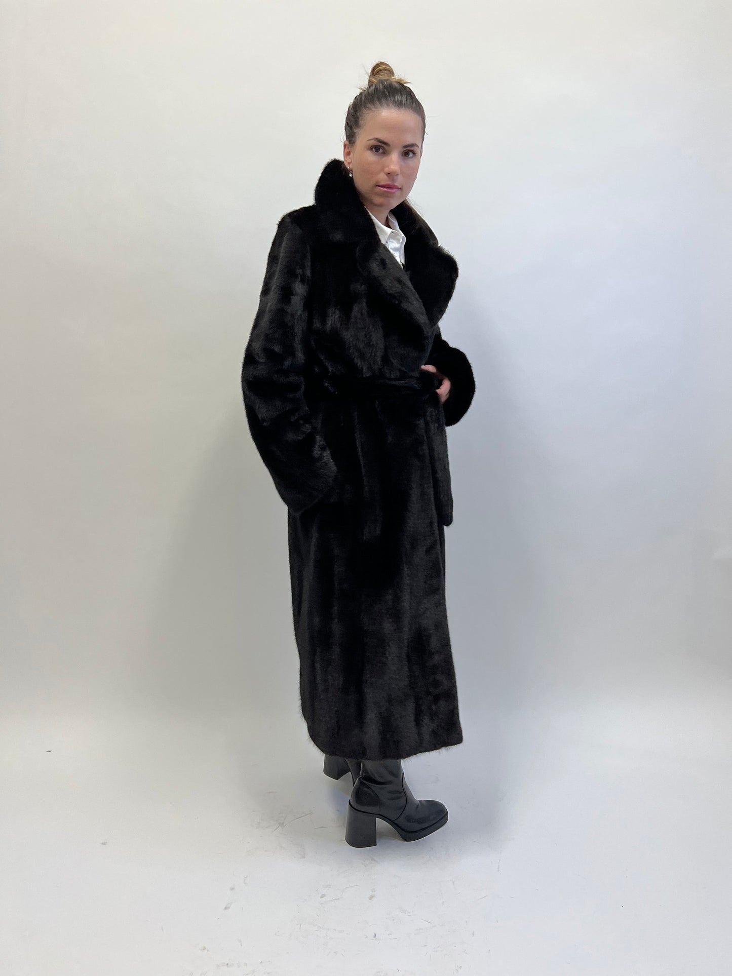 Handmade Black Mink Fur Long Coat: Belted Luxury Outerwear