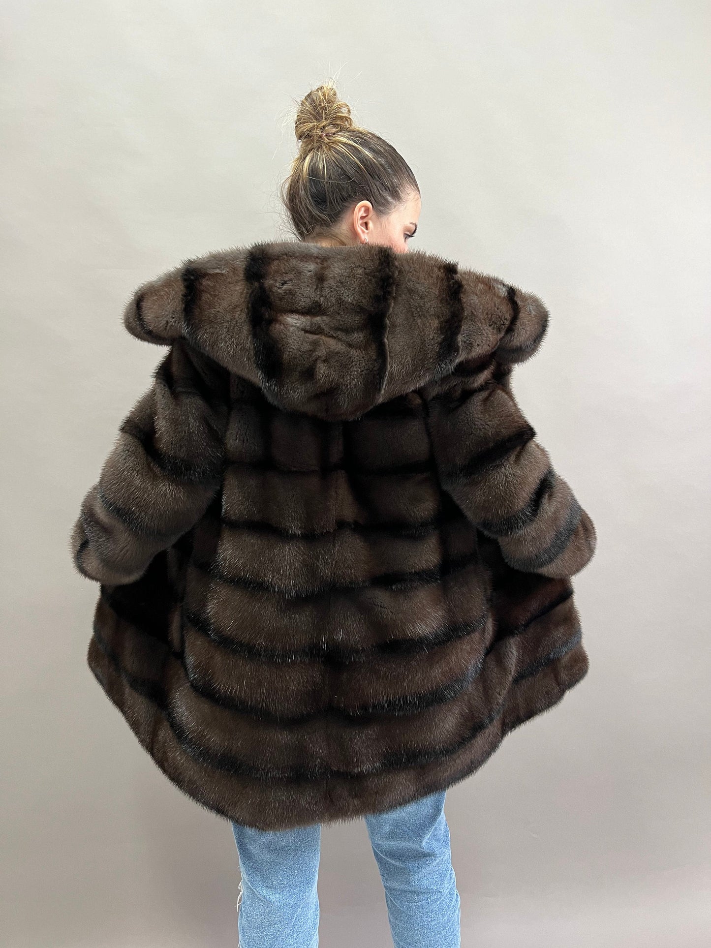 Aurora Brown Mink Fur Hooded Coat: Handmade Luxury Jacket