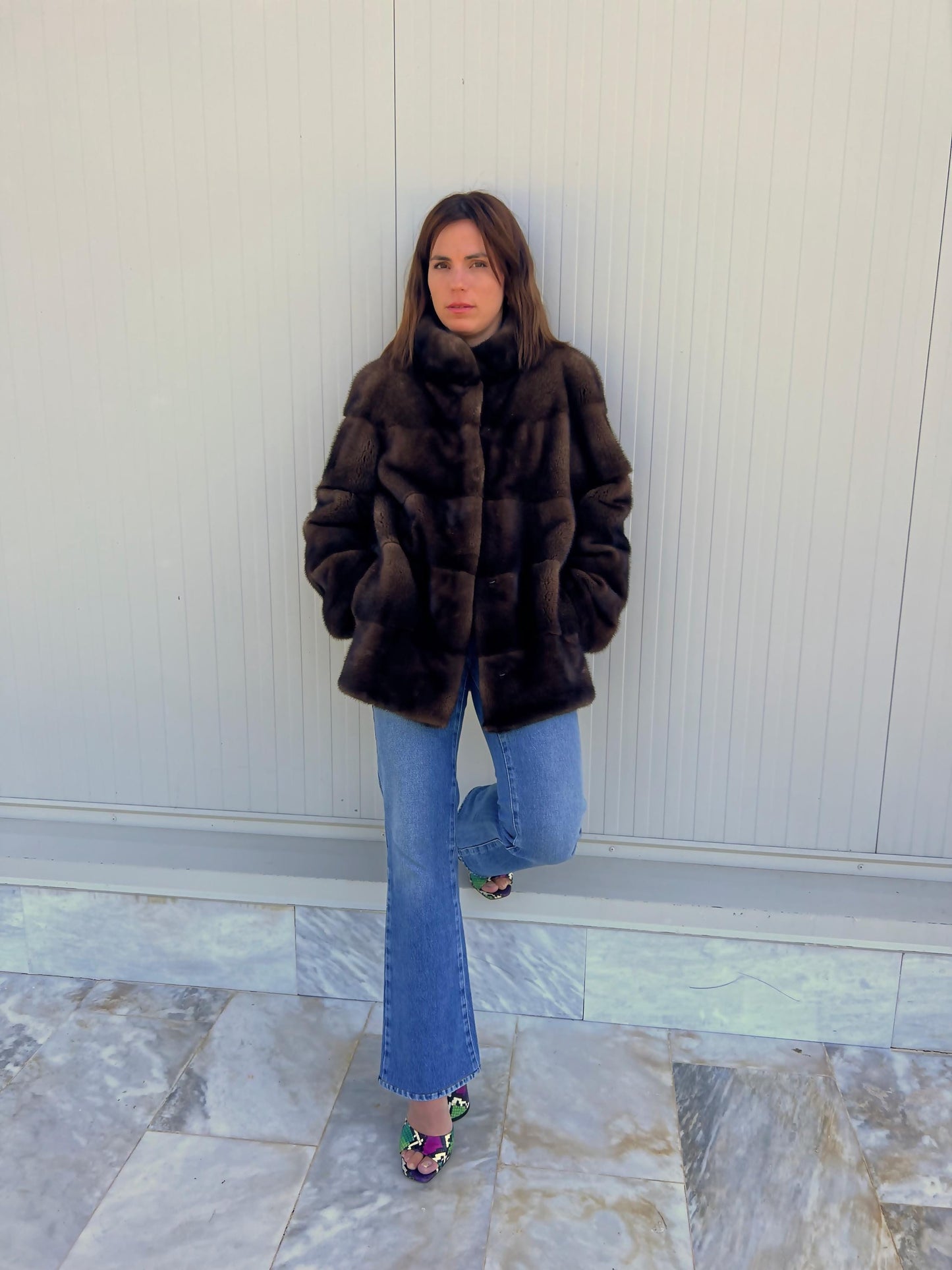 Real Mink Fur Velvet Collared Jacket - Demi Buff Brown, Small/Medium/Large