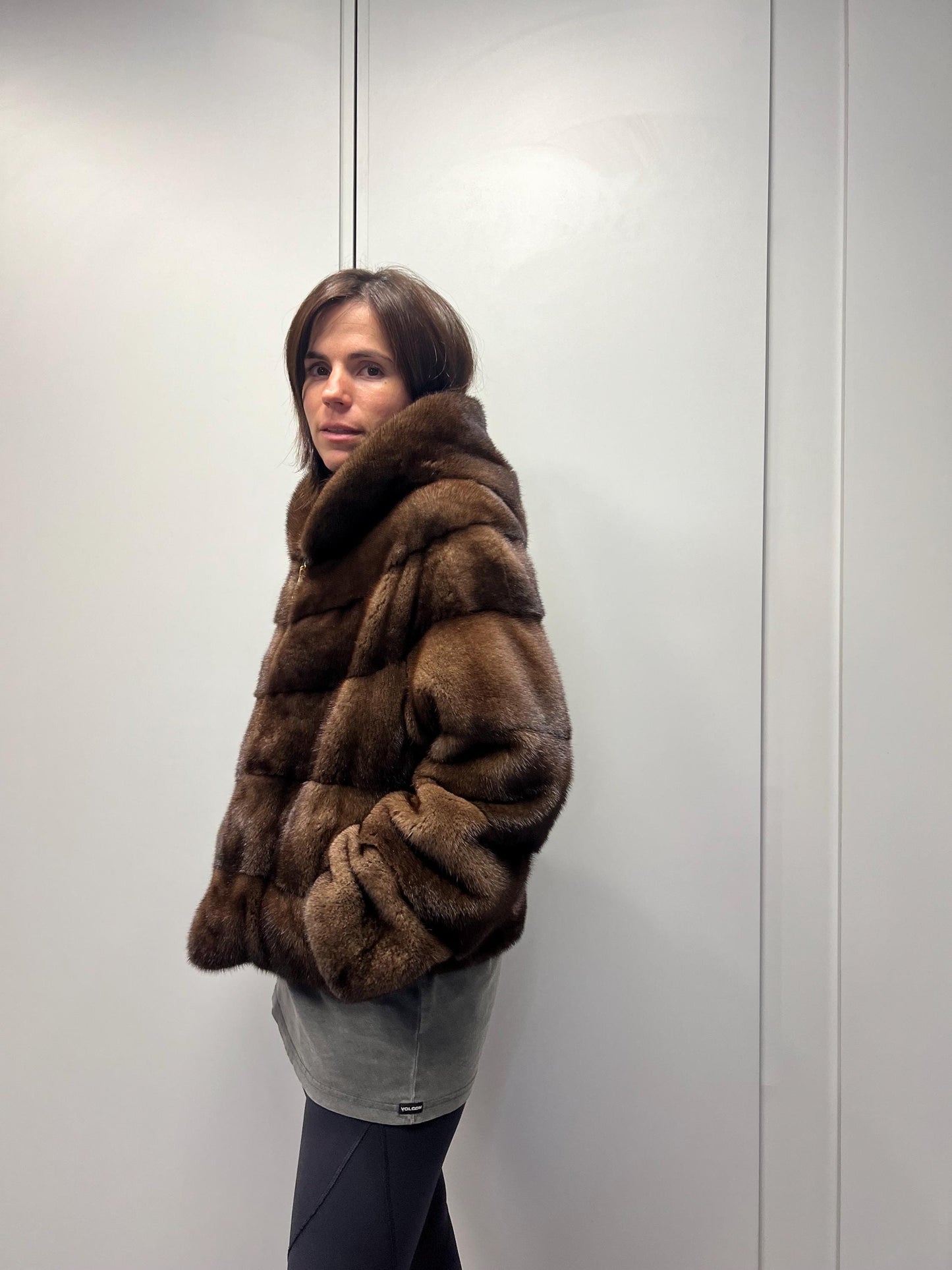 Brown hooded Mink Fur Jacket: Handmade Saga Mink Coat
