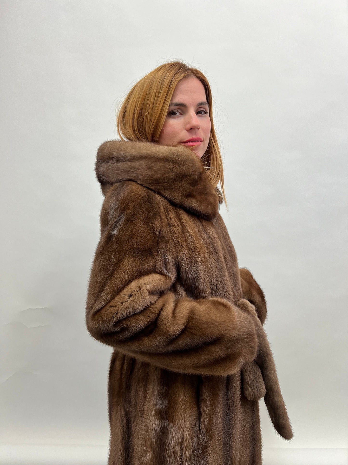 Handmade Brown Mink Fur Hooded Coat - Demi Buff Pelts, Made in Greece