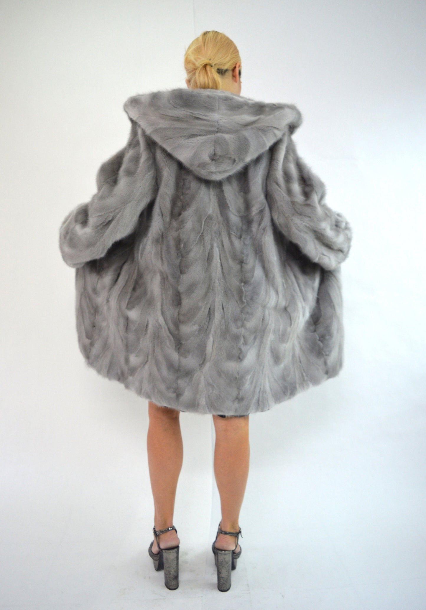 Sapphire Mink Fur Stroller Coat: Hooded Gray Mink Belted Jacket