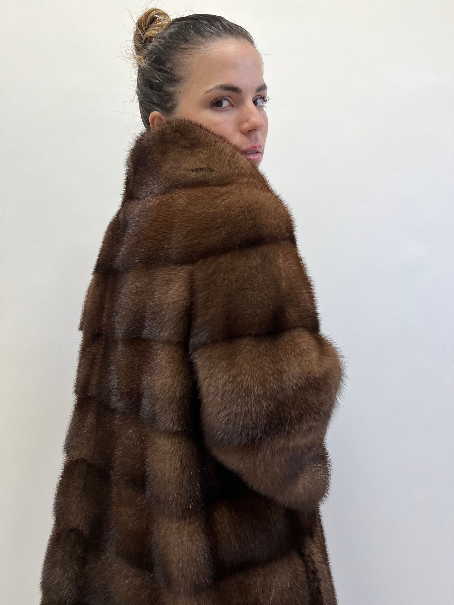 Brown Mink Fur Coat: Horizontal Design, Luxury Jacket