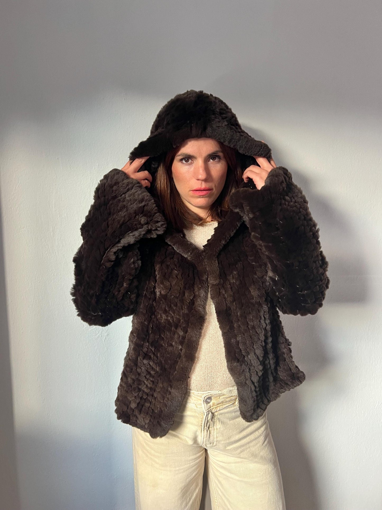 Handwoven Brown Rabbit Fur Hooded Jacket - Frog Closure