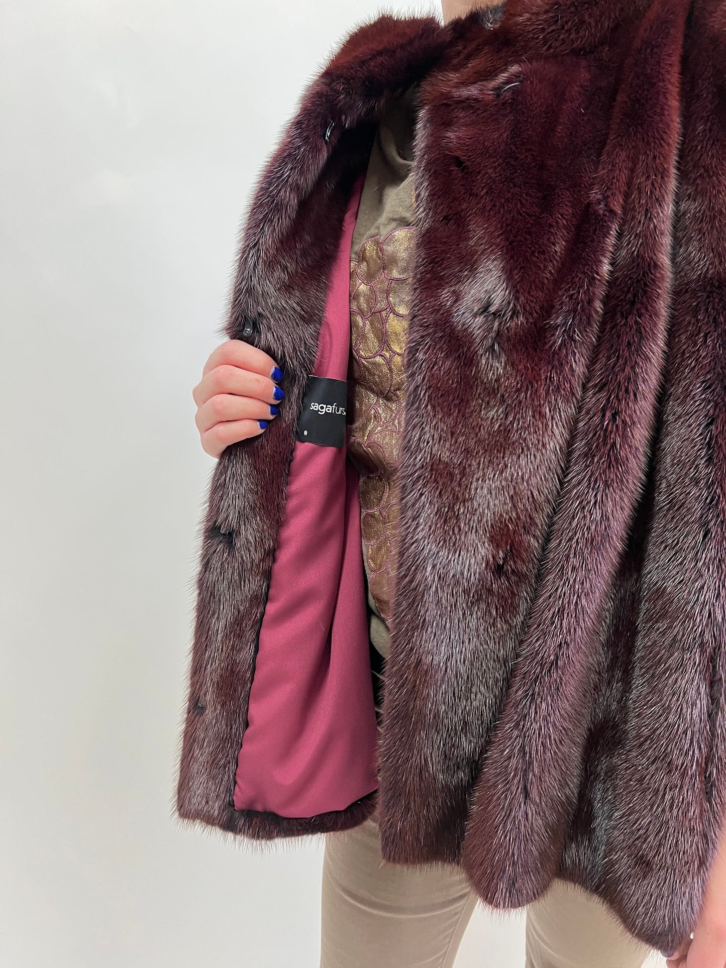Burgundy Mink Fur Jacket: Saga Quality, Edgy Stand Up Collar