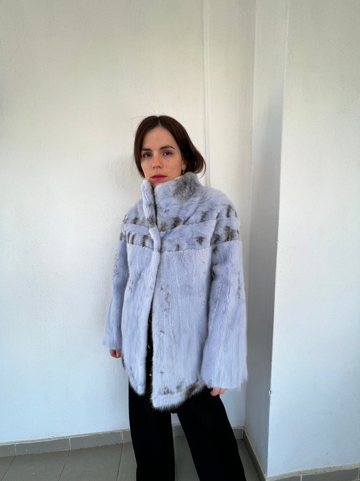 Baby Blue Mink Fur Jacket - High Collar, Handmade in Greece