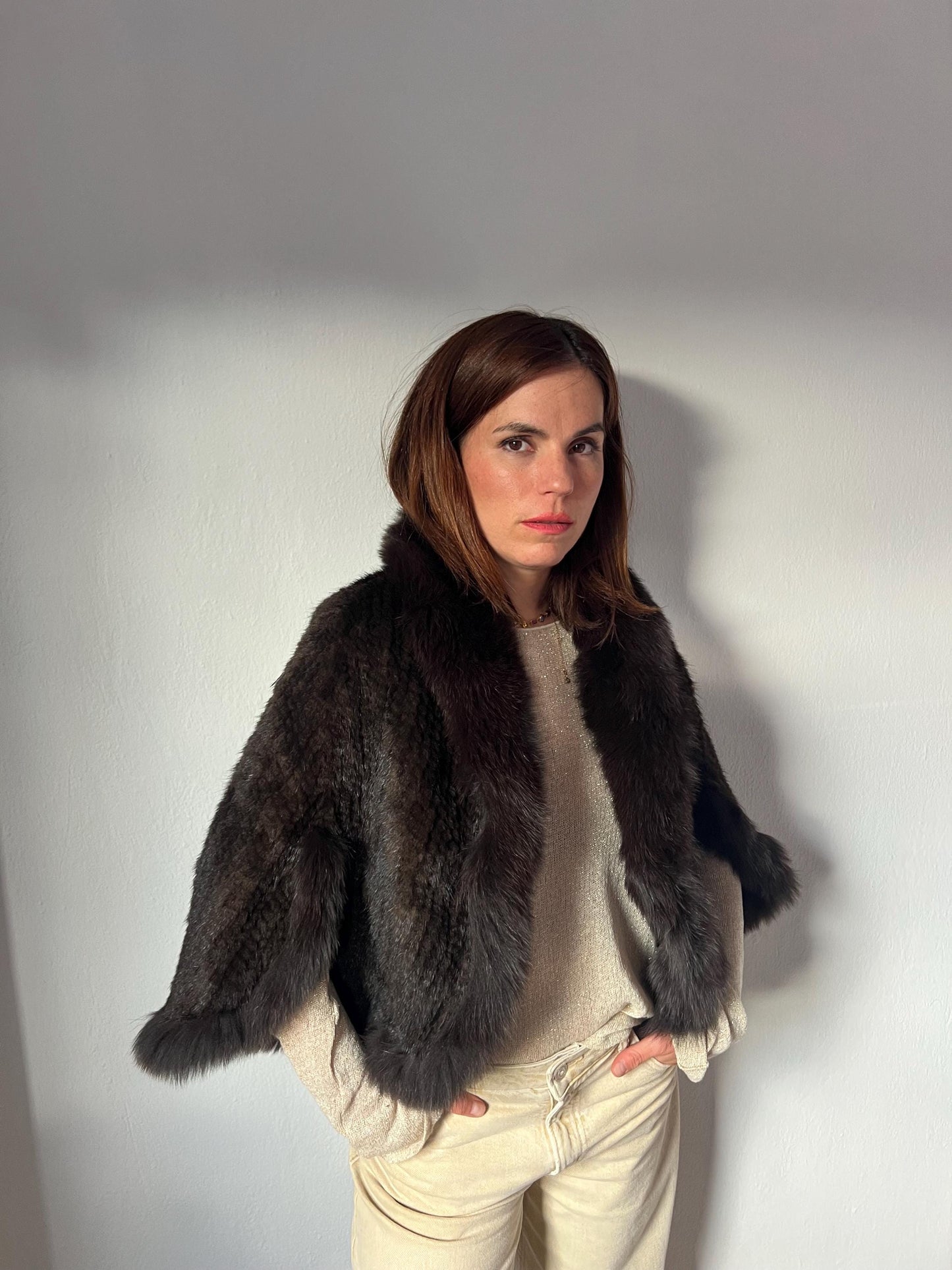 Handwoven Mink Fur Cape with Fox Trim - Made in Greece