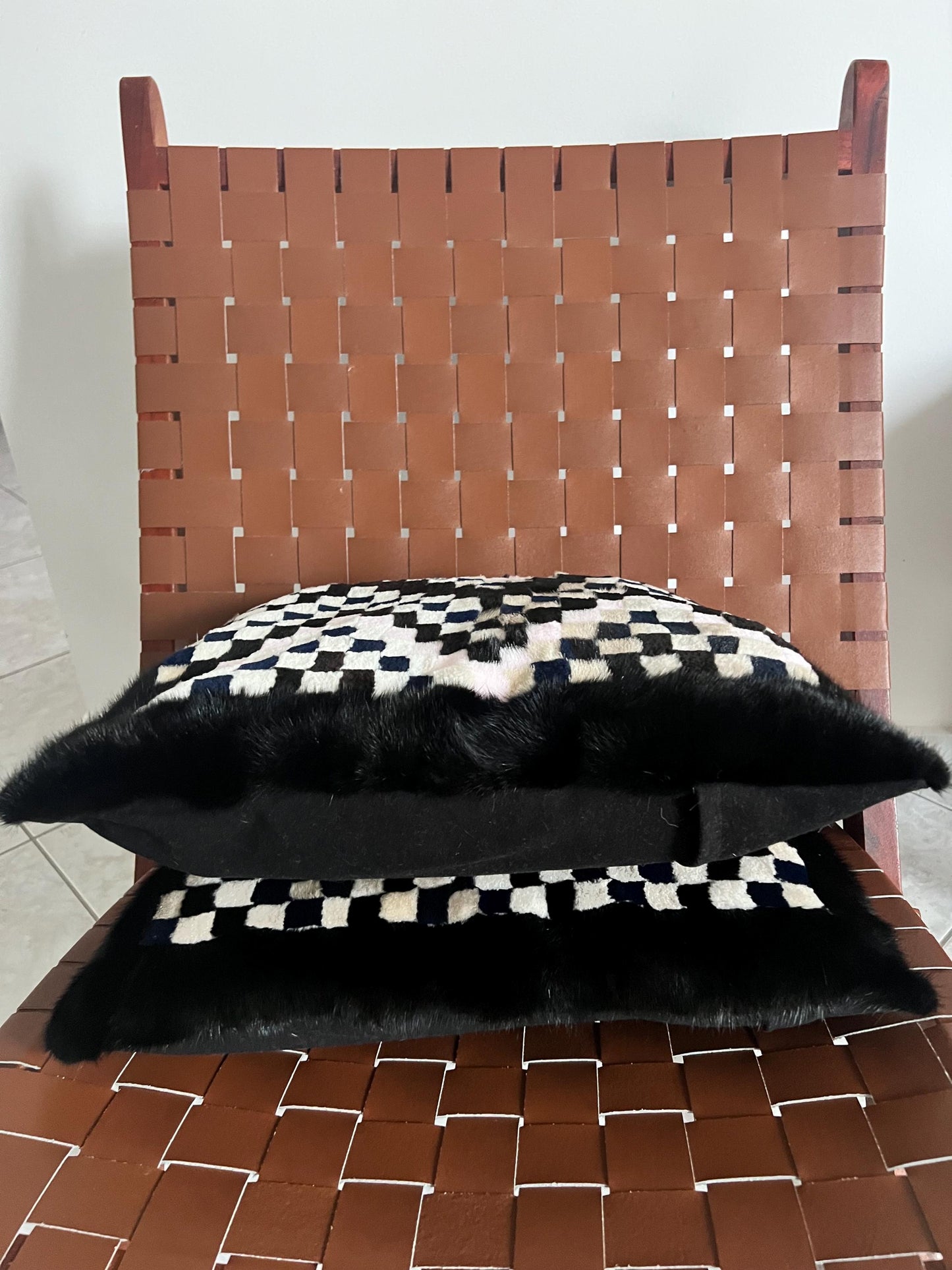 Mink Fur Pillow. Intarsia Decorative Cushion case in genuine real fur decoration.