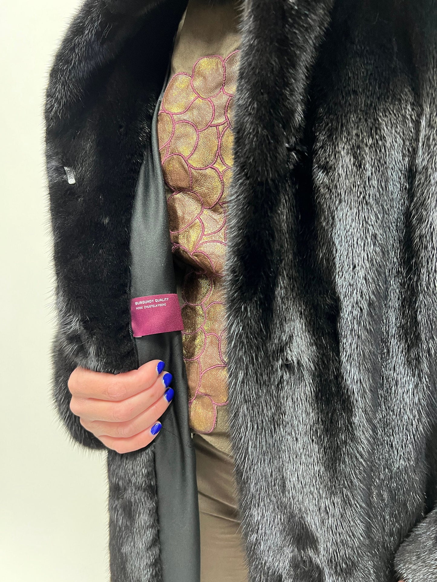 Black Velvet Mink Fur Coat: Nafa Leather Belt, Handmade in Greece