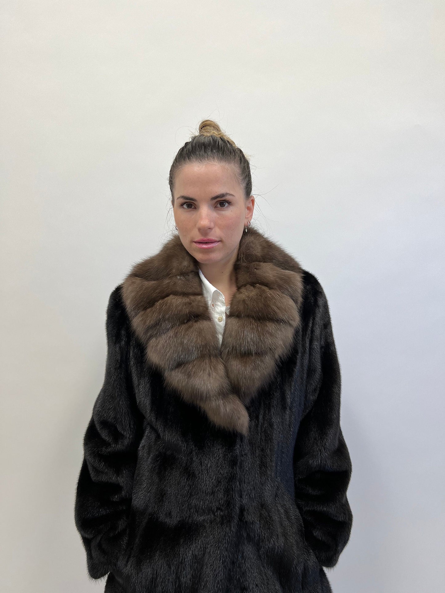 Handmade Black Mink Fur Long Coat with Sable Collar