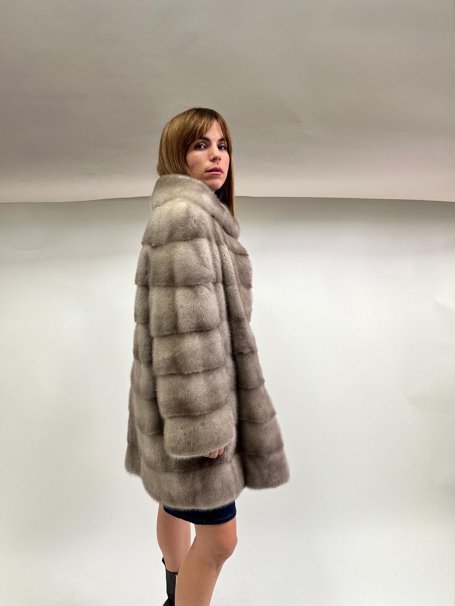 Real Silver Mink Fur Stroller Coat, High Collar - Size Small/Medium