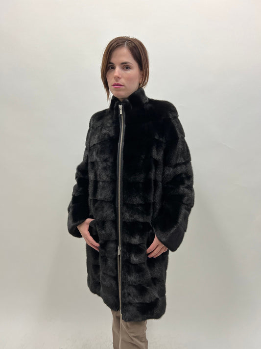 Black Mink Fur Coat: Saga Pelts, Modern Zip-Up Design