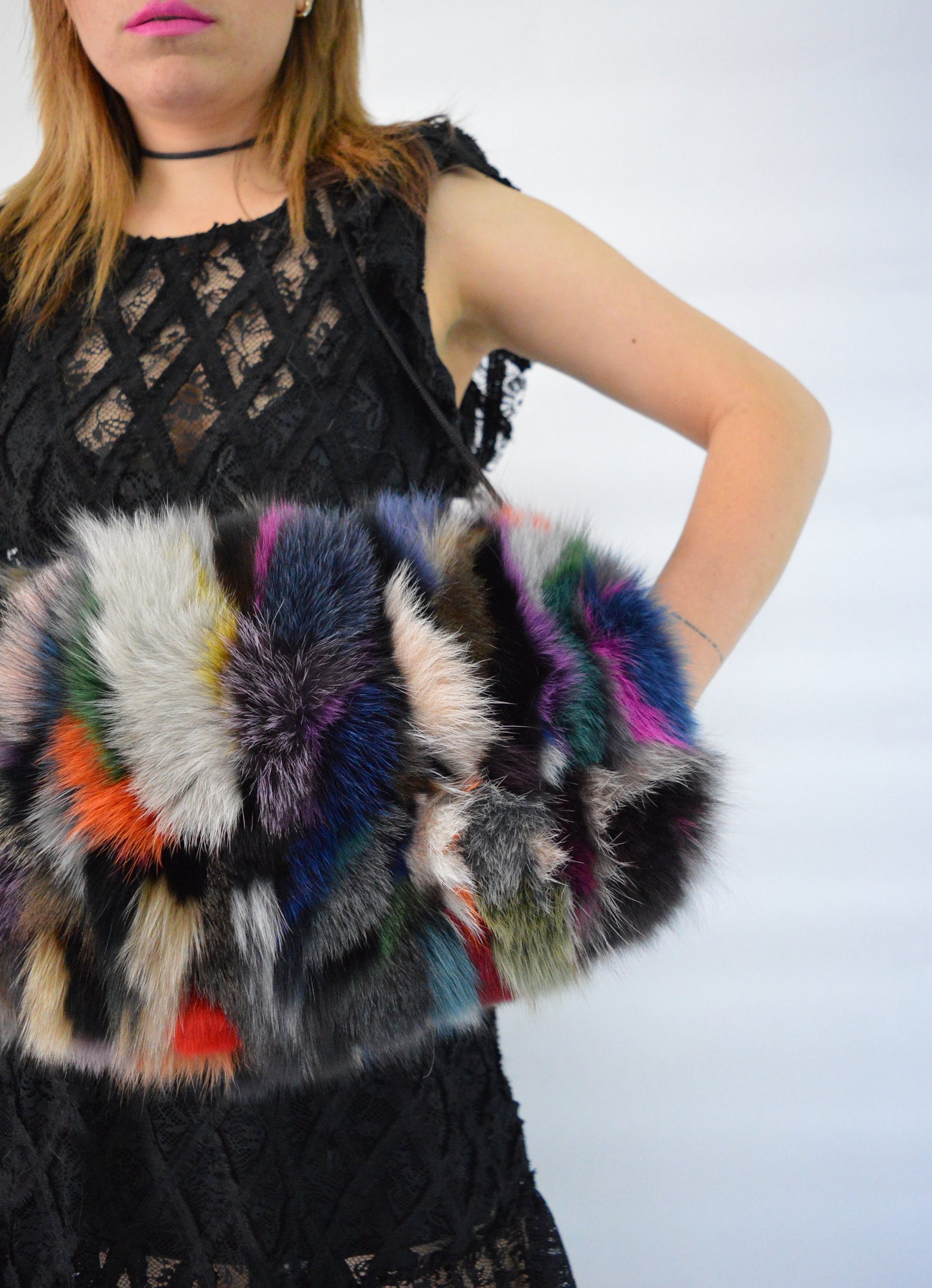 Multicoloured Fox Fur Hand Muff: Luxury Warmer with Pocket
