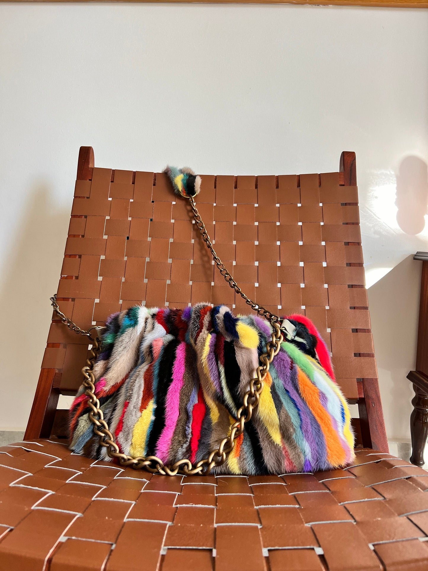 Handmade Multicolored Mink Fur Shoulder Bag with Bronze Straps