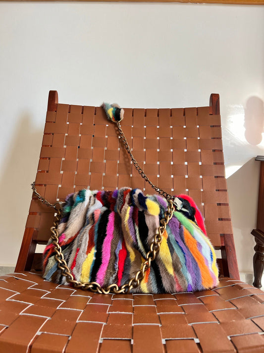 Handmade Multicolored Mink Fur Shoulder Bag with Bronze Straps