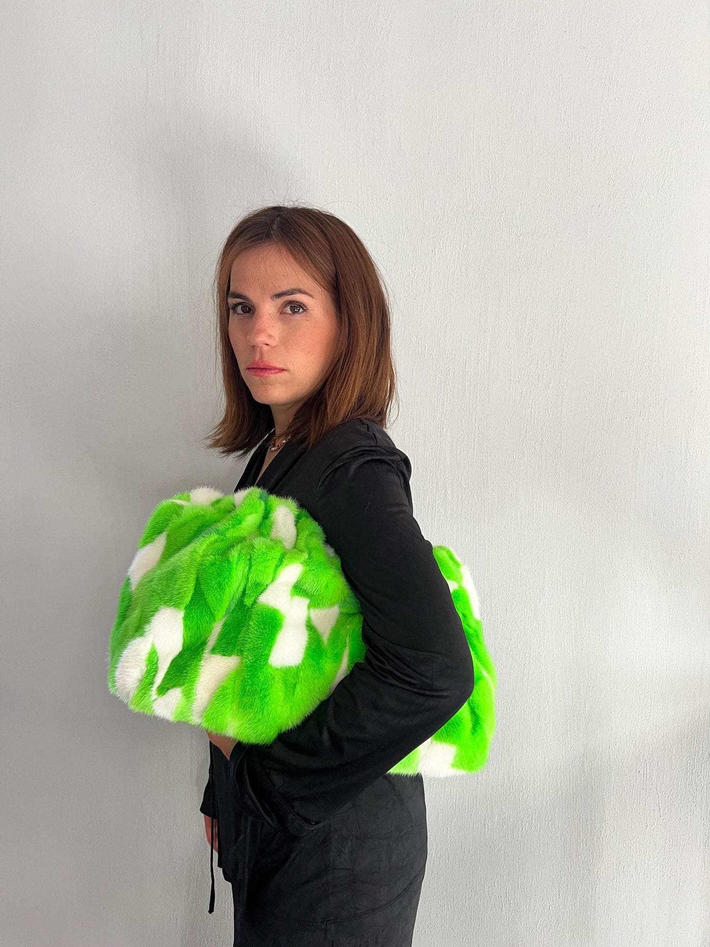 Handmade Mink Fur Shoulder Bag: Green & White Slouchy Crossbody