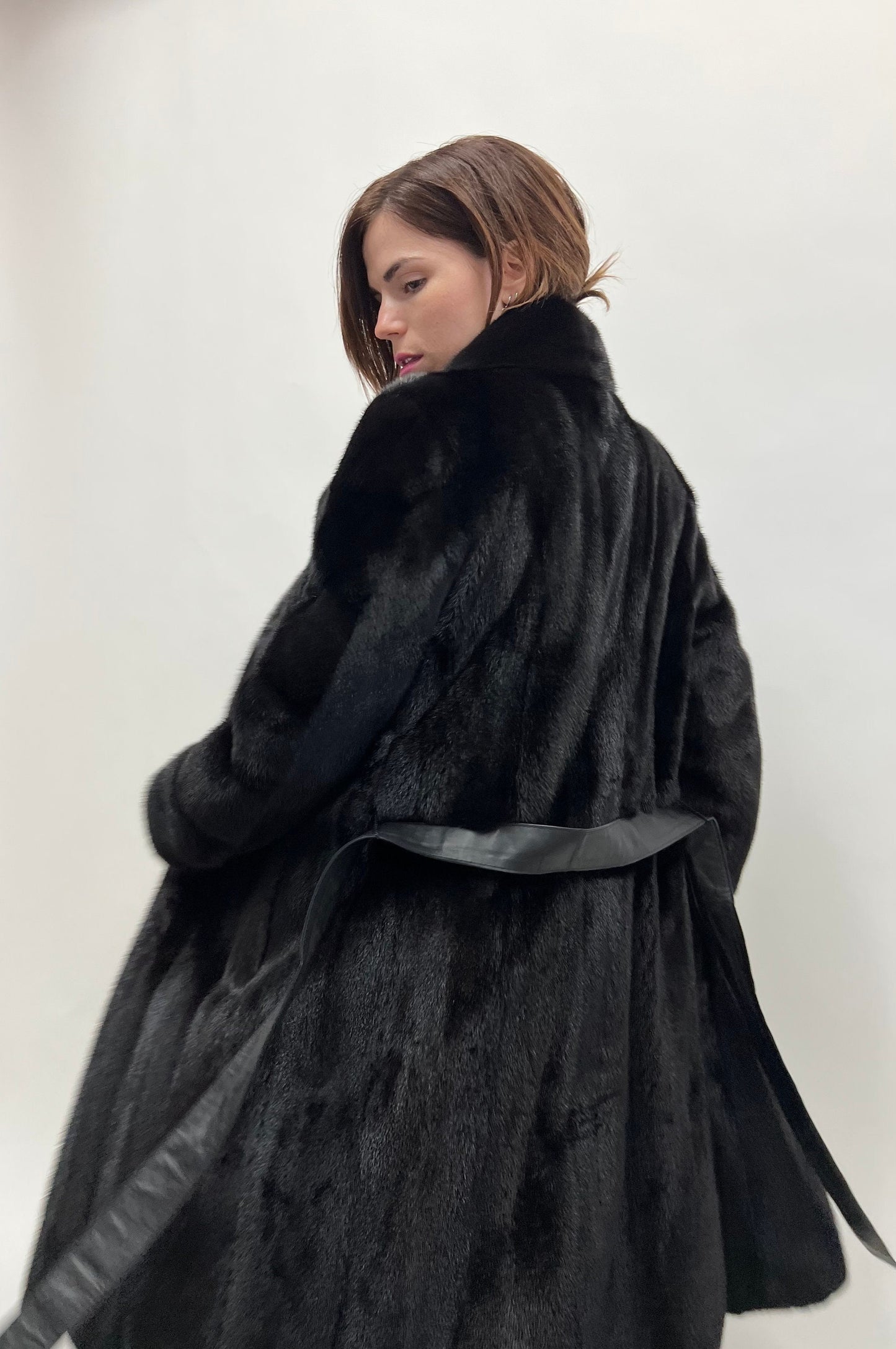 Black Velvet Mink Fur Coat: Nafa Leather Belt, Handmade in Greece