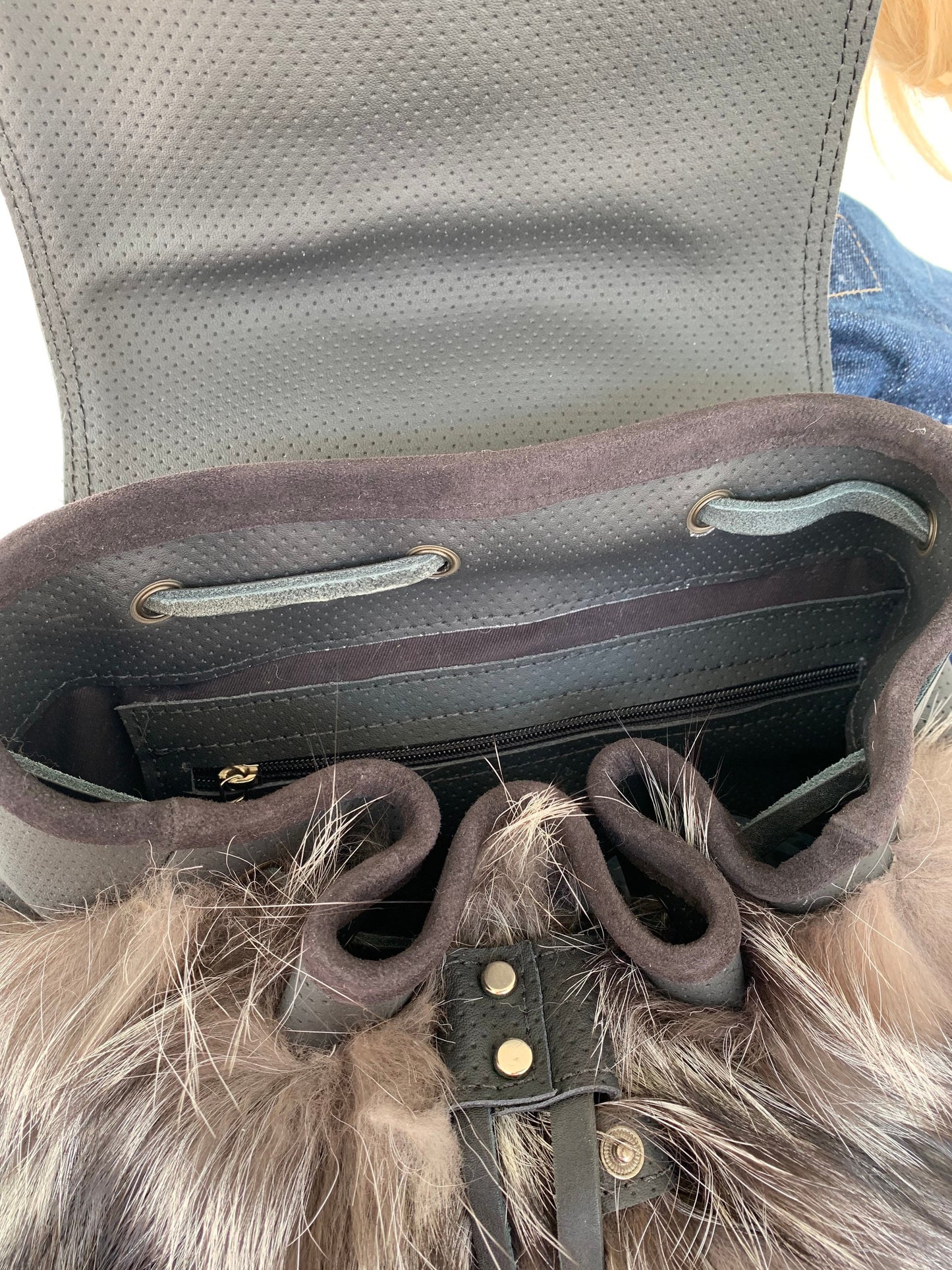 Real Leather & Silver Fox Fur Backpack: Adjustable Straps