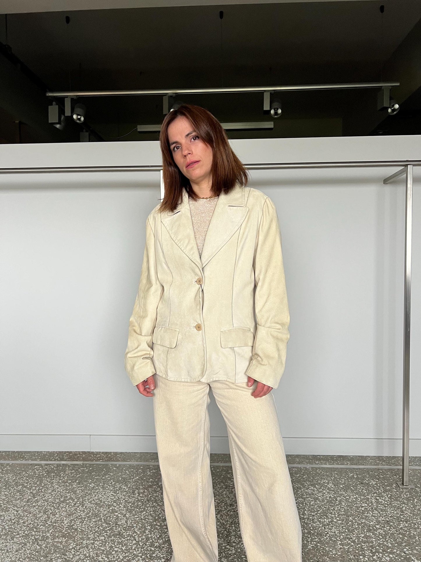 Beige distressed suede leather oversirt. Lightweight genuine leather: Handmade blazer.