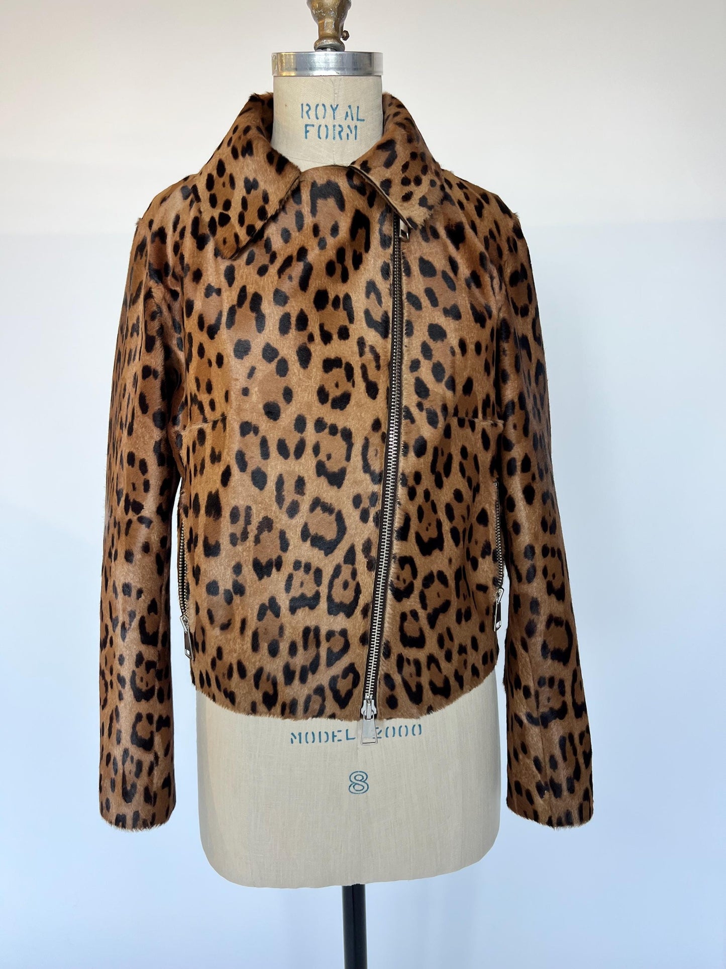 Handmade Cheetah Print Calf Fur Biker Jacket: Genuine Leather