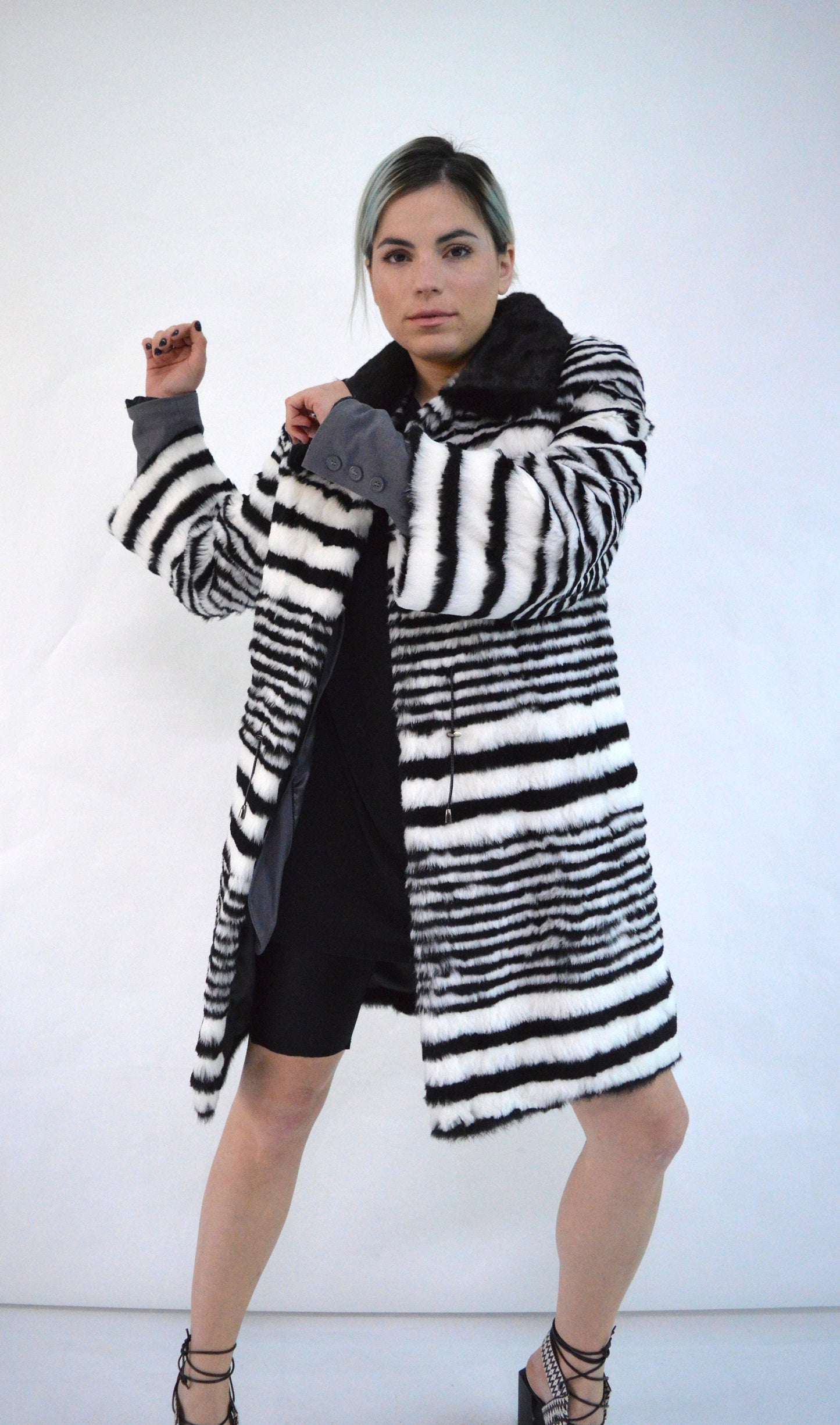 Black & White Rabbit Fur Coat: Mink Collar, Luxury Winter Coat