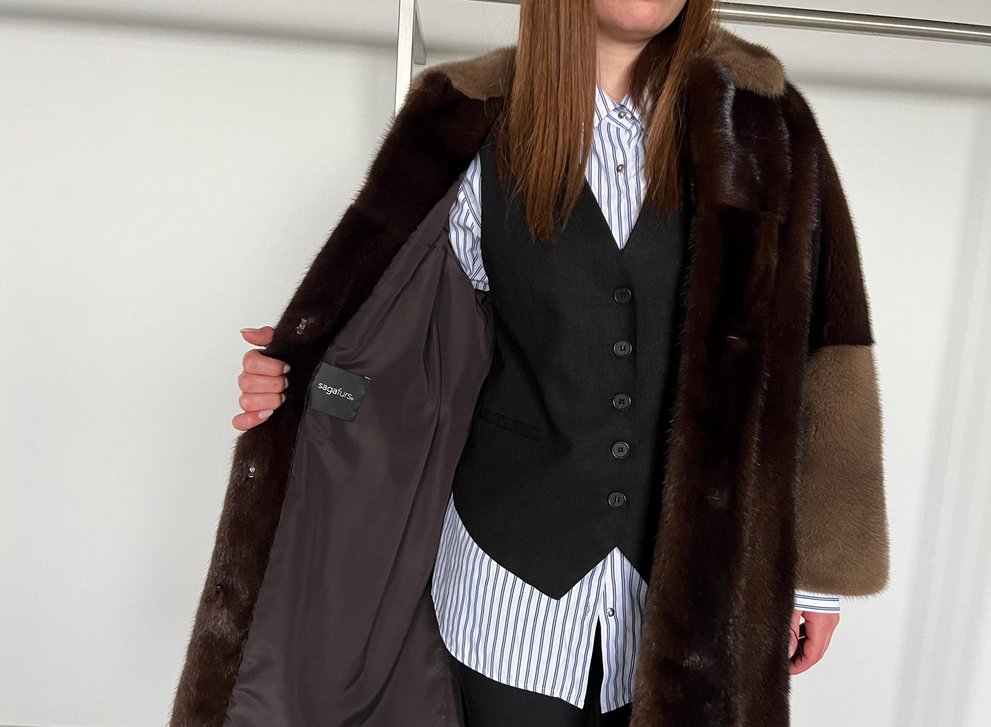 Saga Mink Fur Coat: Dark Brown & Camel, Handmade in Greece