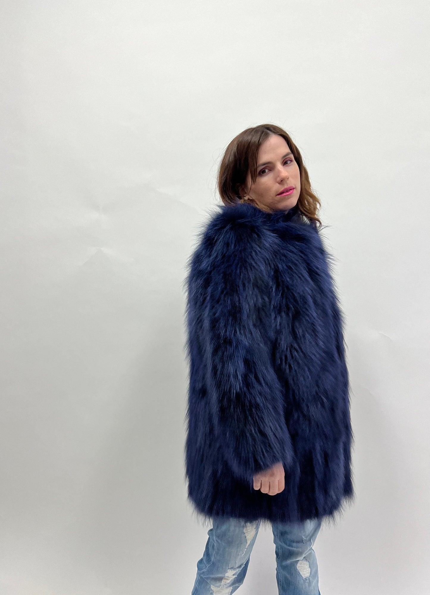Real Denim Blue Fox Fur Coat - Winter Luxury