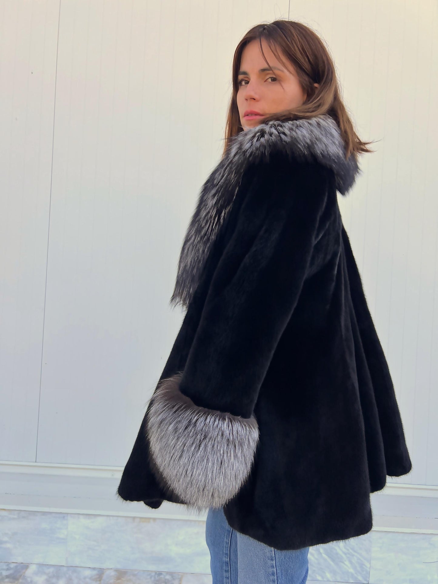 Blackglama Mink Fur Stroller Coat: Silver Fox Collar & Cuffs, Handmade Luxury Jacket (Large)