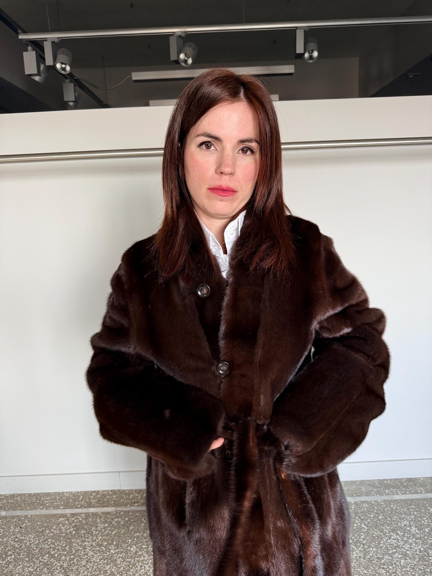 Reversible Demi Buff Mink Fur Coat with Suede Leather: Long Collarless Stroller (Handmade Greece)