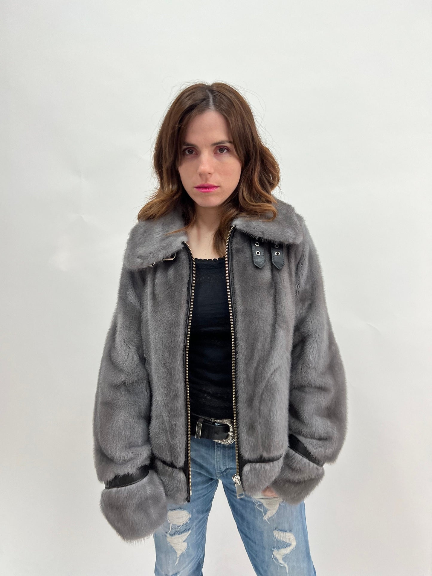 Silver Blue Mink Fur Biker Jacket with Leather Details