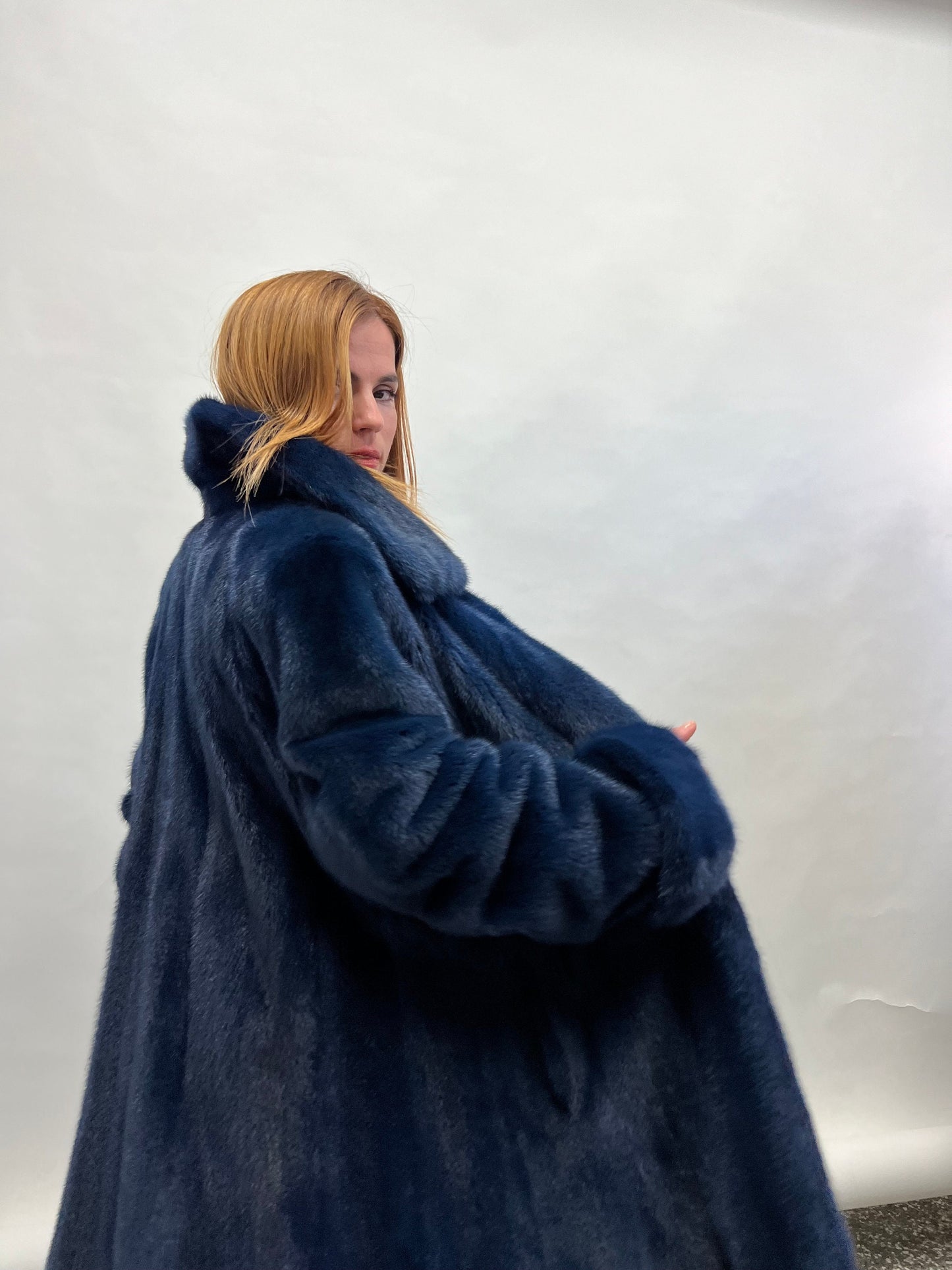 Navy Blue Mink Fur Godet Coat - Handmade in Greece